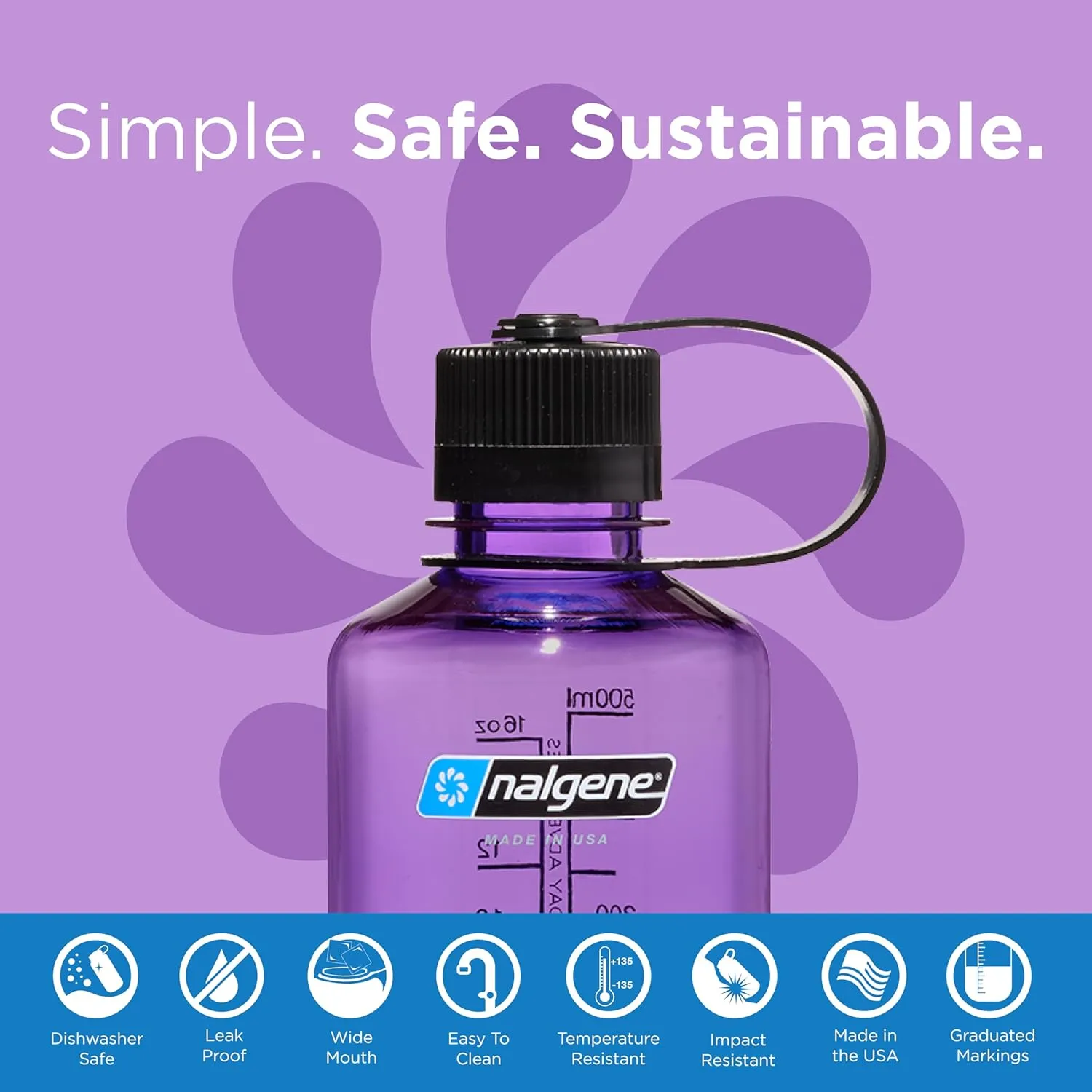 Nalgene Sustain Tritan BPA-Free Water Bottle Made with Material Derived from 50% Plastic Waste (Using ISCC Certified Mass Balance), 16 OZ, Narrow Mouth, Purple