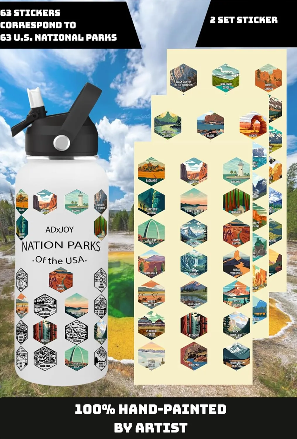 National Parks Water Bottle – 63 USA Park Stickers – 32oz Insulated Stainless Steel with Straw & Cleaning Kit – Bucket List Hiker Gift for Adventure Lovers (White)