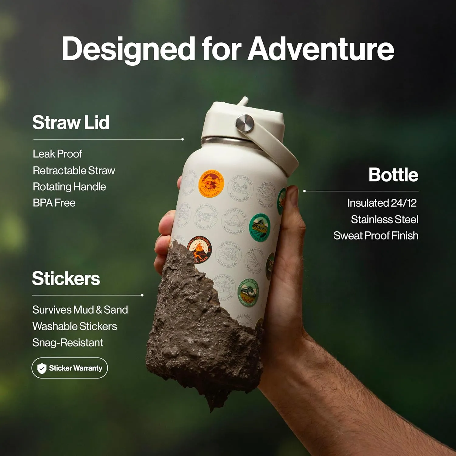 National Parks Water Bottle with Stickers Kit, Erikas Chesonis Collaboration, Adventure Flask with Straw, Waterproof Stickers for Water Bottle, Insulated Stainless Steel 32oz (Tan)