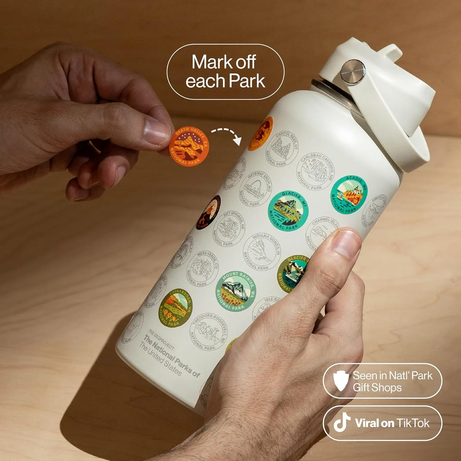 National Parks Water Bottle with Stickers Kit, Erikas Chesonis Collaboration, Adventure Flask with Straw, Waterproof Stickers for Water Bottle, Insulated Stainless Steel 32oz (Tan)