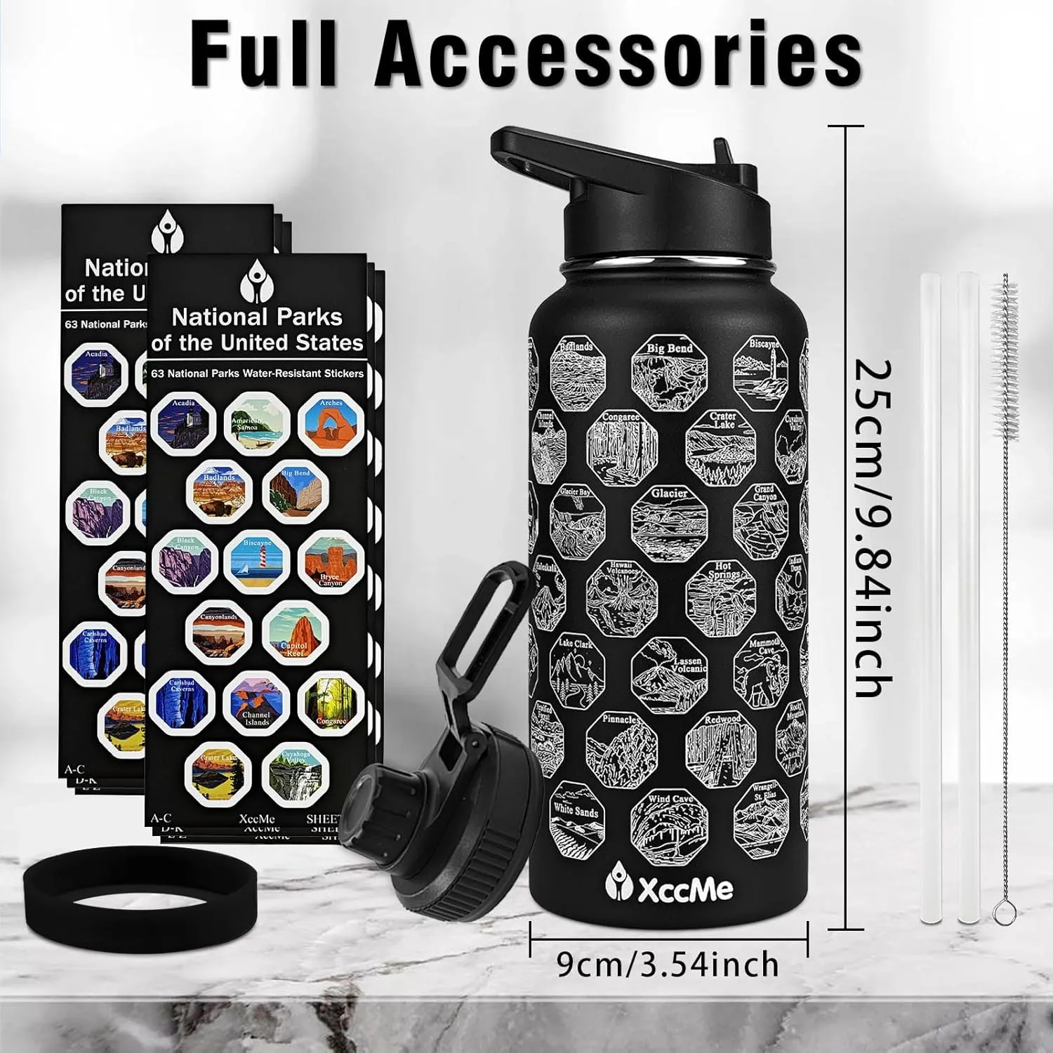 National Parks Water Bottle with Stickers,32 oz Stainless Steel Insulated Water Bottle with Straw,2 Lids,Leak Proof Metal Water Cup for Hiking,Travel,Sports,Camping,Wide Mouth Bottle