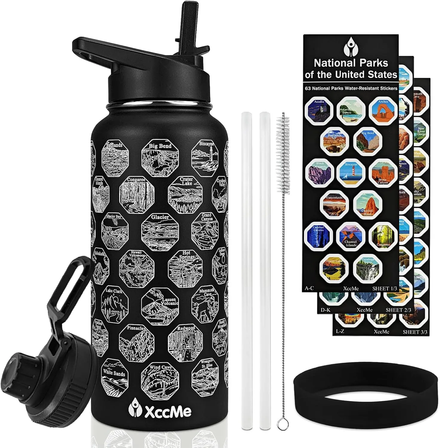 National Parks Water Bottle with Stickers,32 oz Stainless Steel Insulated Water Bottle with Straw,2 Lids,Leak Proof Metal Water Cup for Hiking,Travel,Sports,Camping,Wide Mouth Bottle