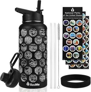 National Parks Water Bottle with Stickers,32 oz Stainless Steel Insulated Water Bottle with Straw,2 Lids,Leak Proof Metal Water Cup for Hiking,Travel,Sports,Camping,Wide Mouth Bottle