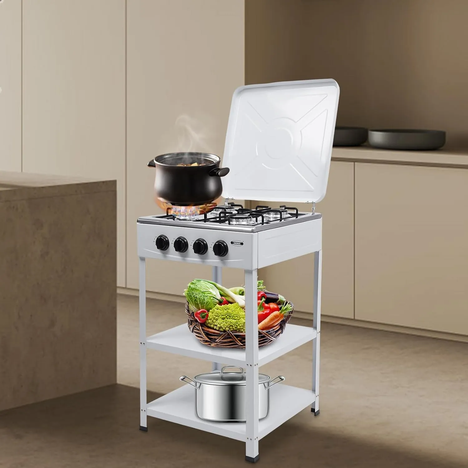 Natural Gas Gas Stove 4 Burner Portable Gas Stove with Support Leg Stand and Wind Blocking Cover Freestanding Camping Stove for RV, Apartment, Outdoor Cooking White