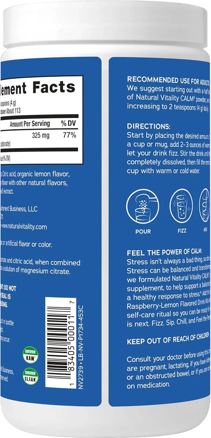 Natural Vitality Calm, Magnesium Citrate Supplement, Anti-Stress Drink Mix Powder, Gluten Free, Vegan, & Non-GMO, Raspberry Lemon, 16 oz