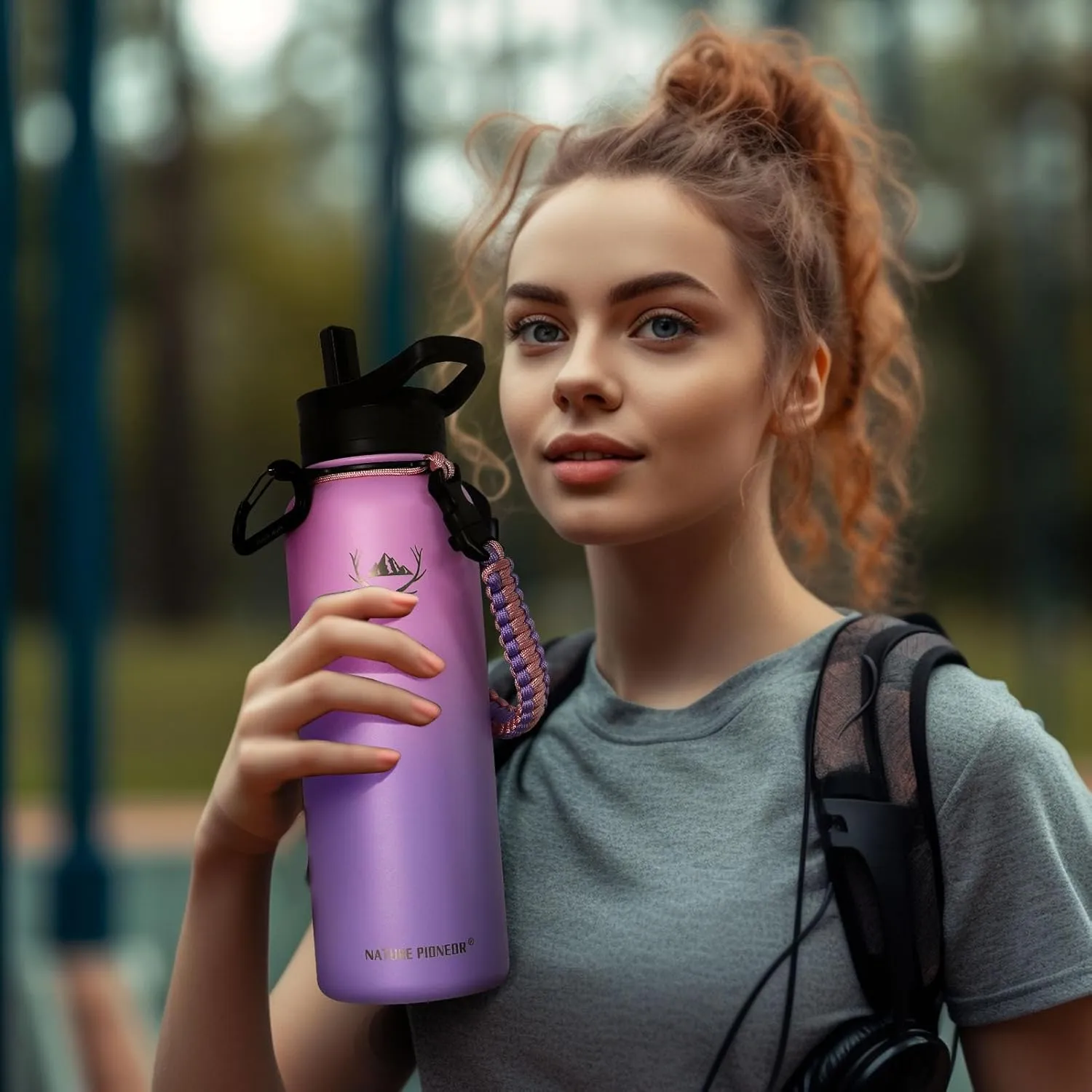 NATURE PIONEOR Insulated Water Bottles with Paracord Handle - 40 oz Vacuum Sports Wide Mouth Water Bottle with 3 Lids, Leak Proof Stainless Steel Keeps Hot and Cold
