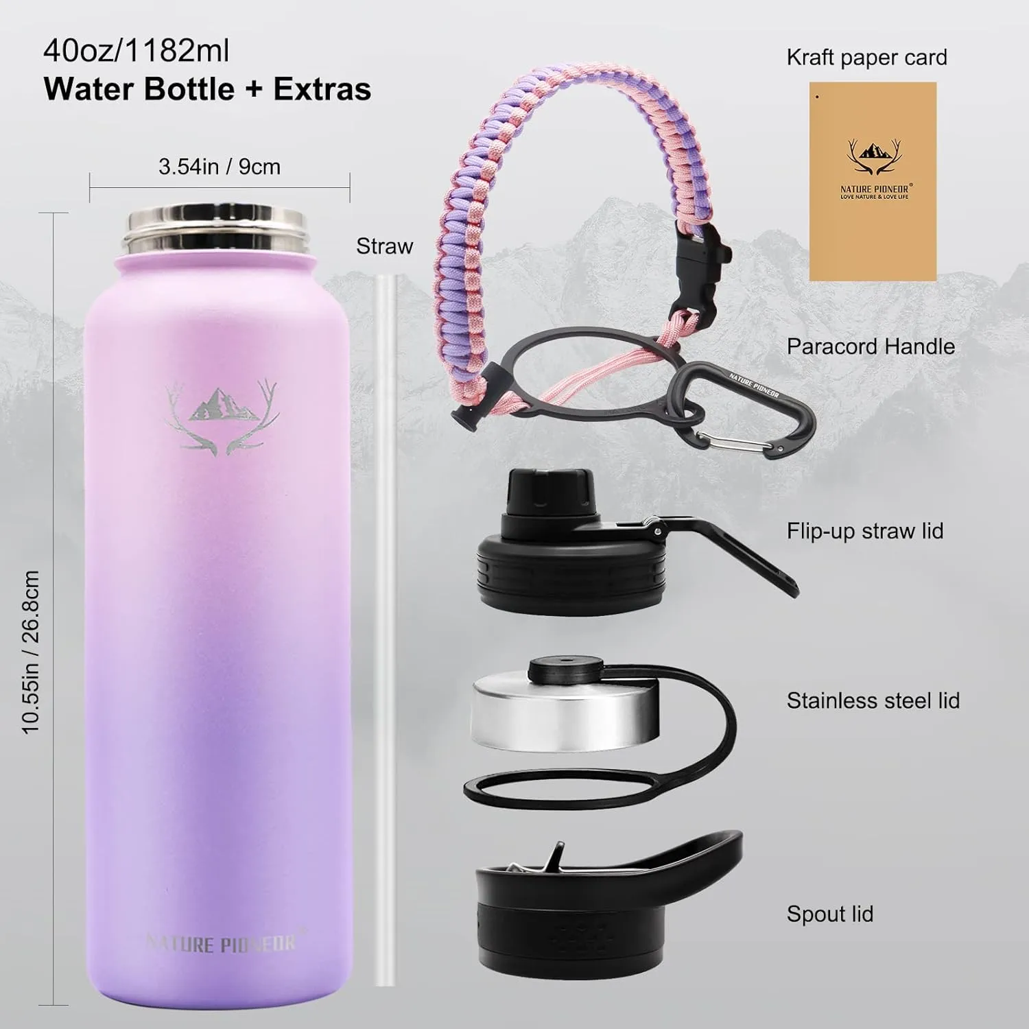 NATURE PIONEOR Insulated Water Bottles with Paracord Handle - 40 oz Vacuum Sports Wide Mouth Water Bottle with 3 Lids, Leak Proof Stainless Steel Keeps Hot and Cold