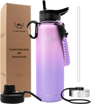 NATURE PIONEOR Insulated Water Bottles with Paracord Handle - 40 oz Vacuum Sports Wide Mouth Water Bottle with 3 Lids, Leak Proof Stainless Steel Keeps Hot and Cold