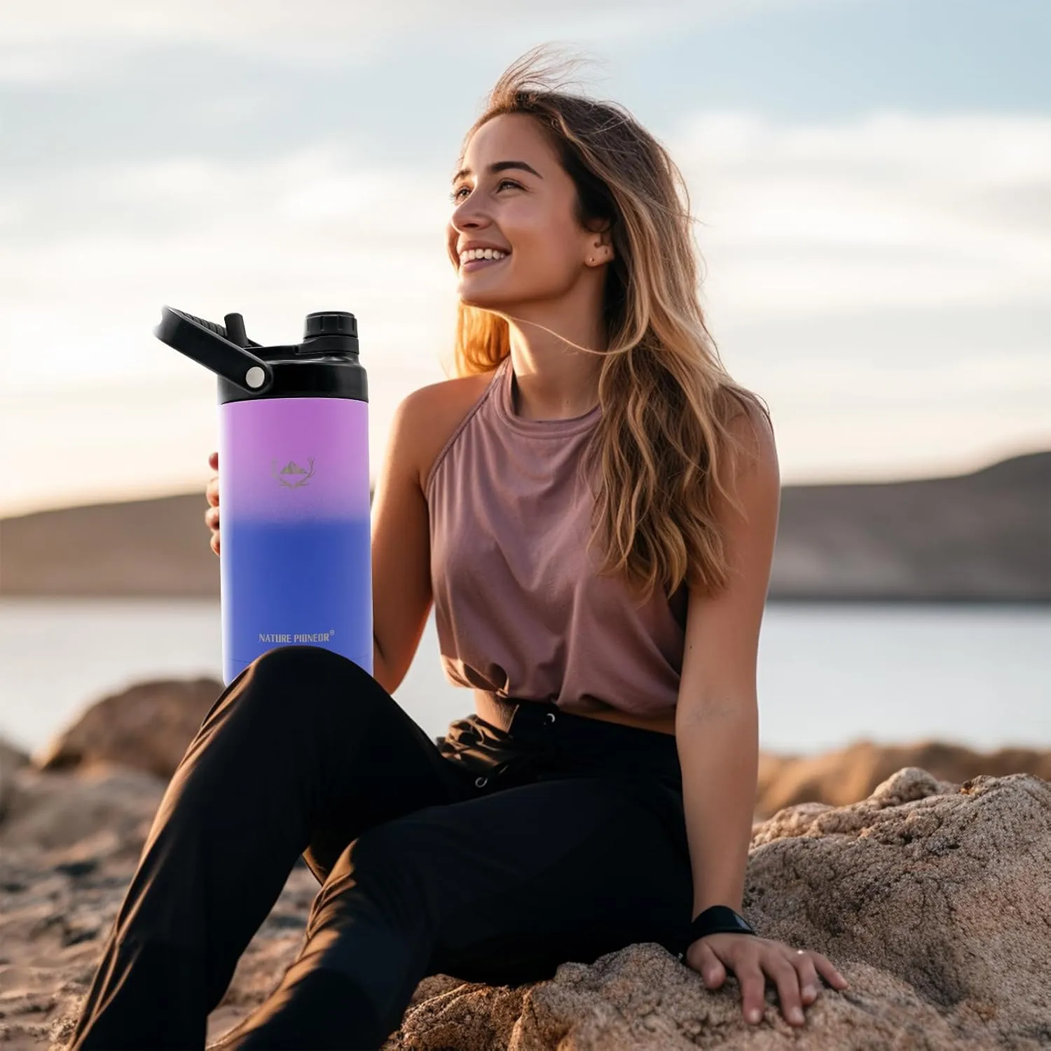 NATURE PIONEOR Insulated Water Bottles with Strap - 64 oz Stainless Steel Vacuum Wide Mouth Bottle with Holder/Carrier/Sleeve - Reusable 18/8 Food Grade Thermos Water Jug