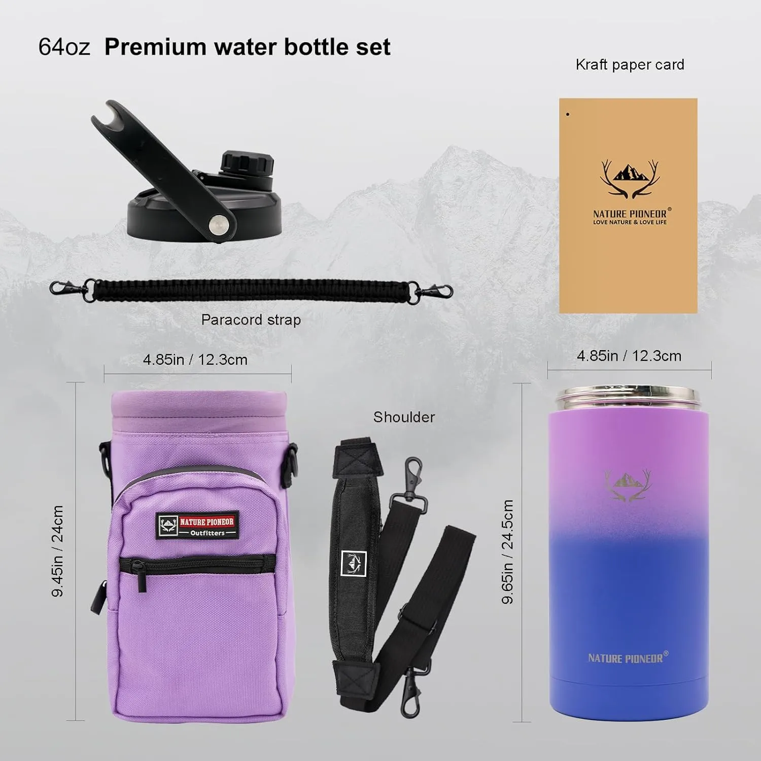 NATURE PIONEOR Insulated Water Bottles with Strap - 64 oz Stainless Steel Vacuum Wide Mouth Bottle with Holder/Carrier/Sleeve - Reusable 18/8 Food Grade Thermos Water Jug
