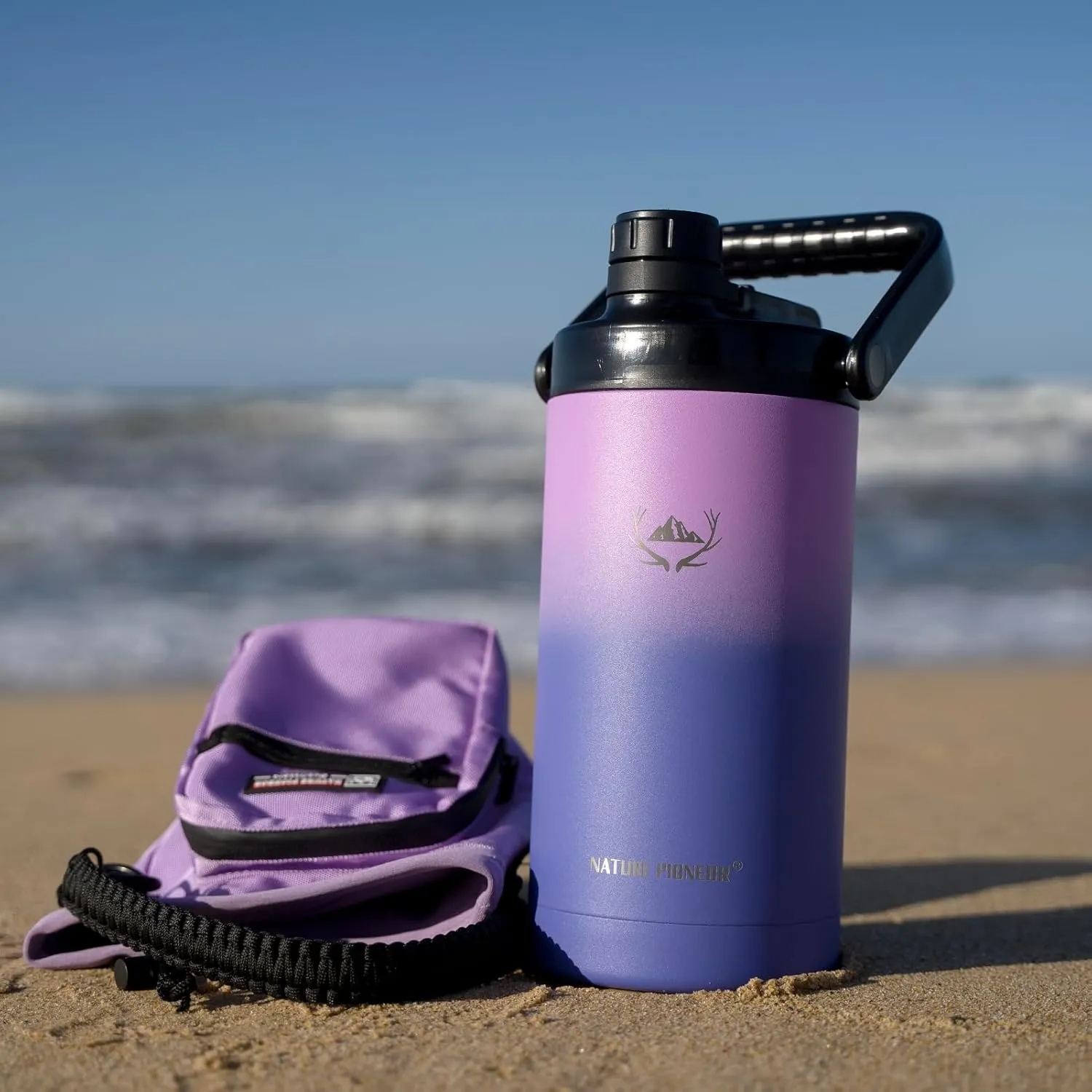 NATURE PIONEOR Insulated Water Bottles with Strap - 64 oz Stainless Steel Vacuum Wide Mouth Bottle with Holder/Carrier/Sleeve - Reusable 18/8 Food Grade Thermos Water Jug