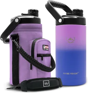 NATURE PIONEOR Insulated Water Bottles with Strap - 64 oz Stainless Steel Vacuum Wide Mouth Bottle with Holder/Carrier/Sleeve - Reusable 18/8 Food Grade Thermos Water Jug
