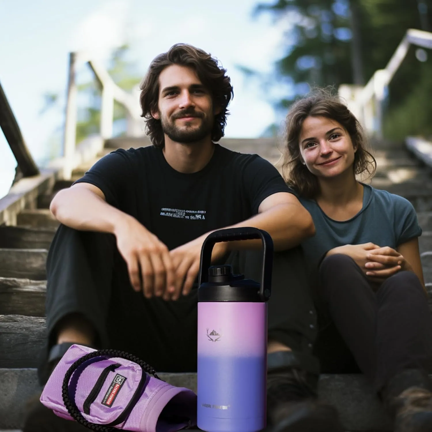 NATURE PIONEOR Insulated Water Bottles with Strap - 64 oz Stainless Steel Vacuum Wide Mouth Bottle with Holder/Carrier/Sleeve - Reusable 18/8 Food Grade Thermos Water Jug