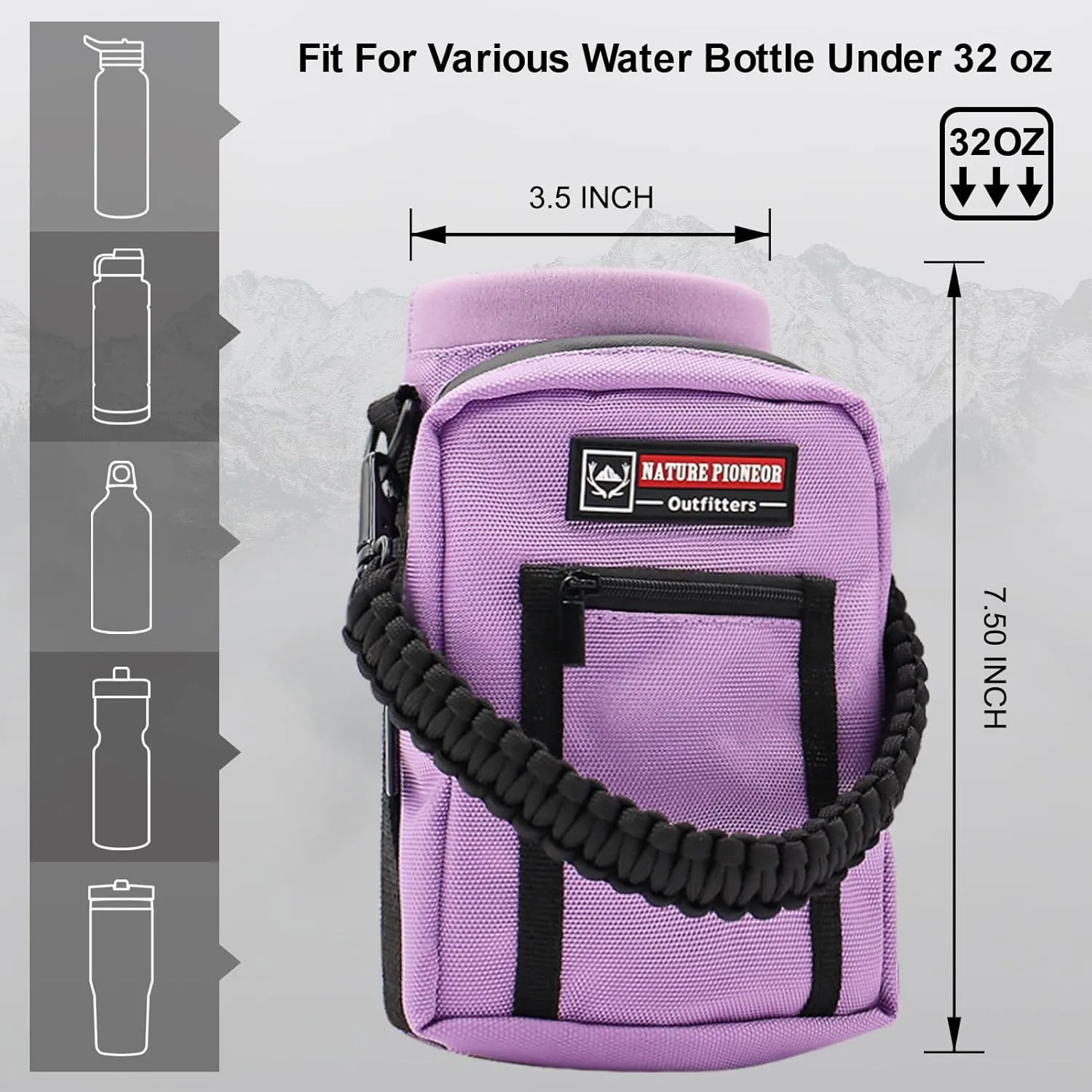 NATURE PIONEOR Water Bottle Holder with Strap 25 32 40 64 oz Insulated Water Bottle Carrier Sling Sleeve for Hiking,Outdoor Camping,Gym