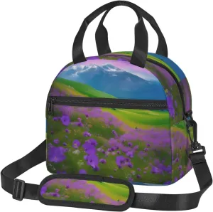 Nature Purple Flowers Meadow Mountain Scenic Print Lunch Bag Tote Reusable Lunch Box Container with Shoulder Strap Work Picnic Adult