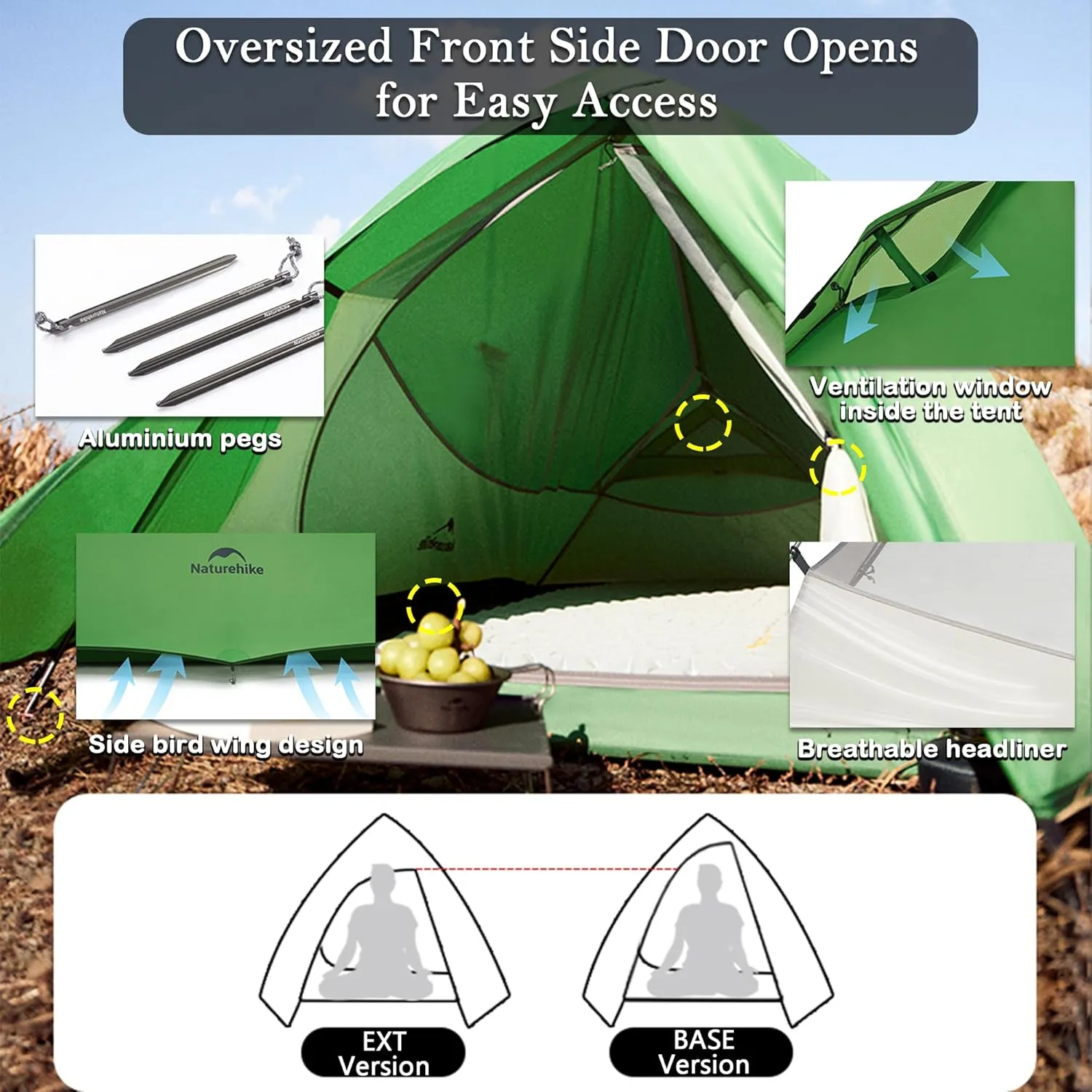 Naturehike 1/2 Person 3 Seasons Cloud Up Base Tent, Windproof [7-Level] & Rainproof [PU3000mm ] Camp Tent with Y Self-Supporting Structure for Camping Backpacking Hiking Trekking