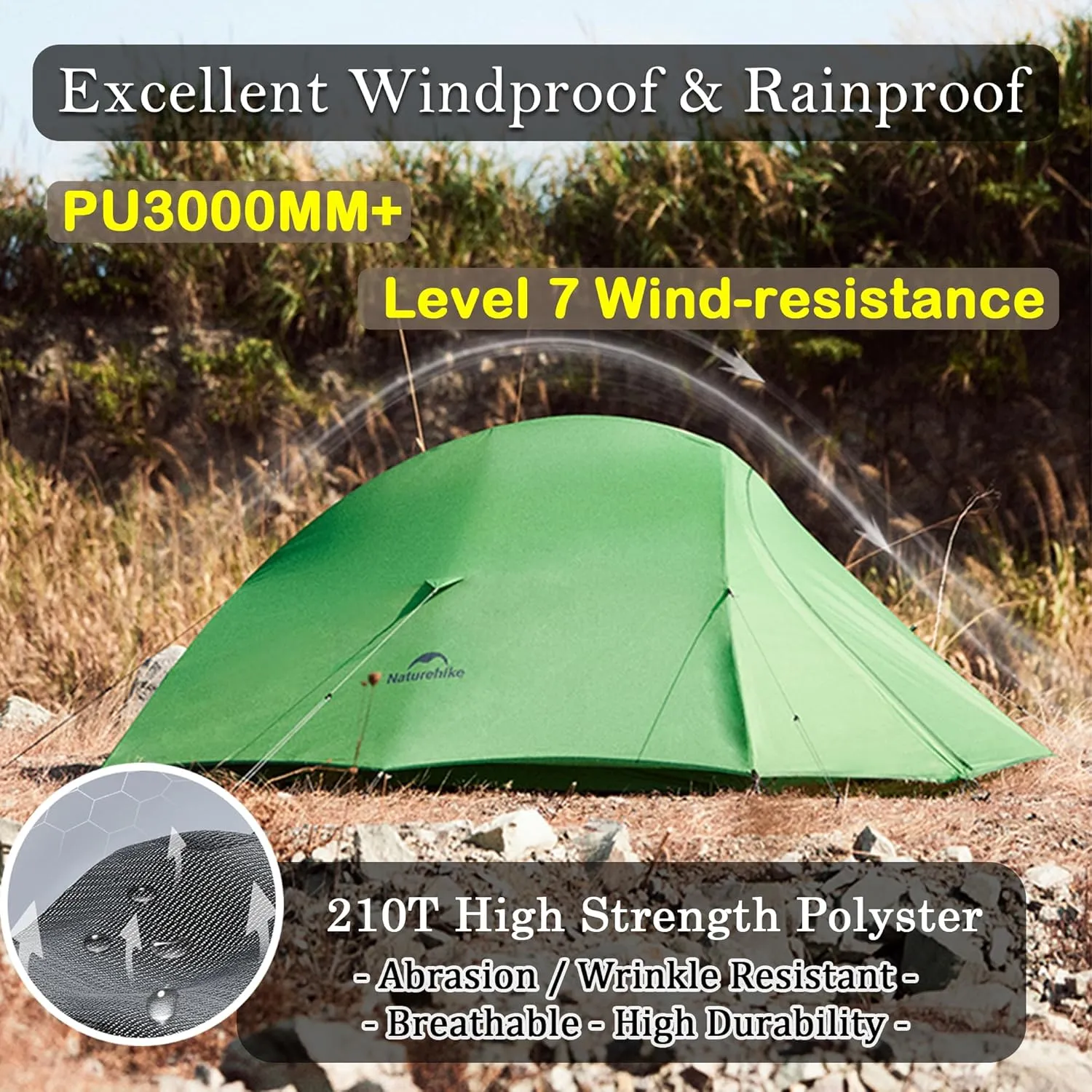 Naturehike 1/2 Person 3 Seasons Cloud Up Base Tent, Windproof [7-Level] & Rainproof [PU3000mm ] Camp Tent with Y Self-Supporting Structure for Camping Backpacking Hiking Trekking