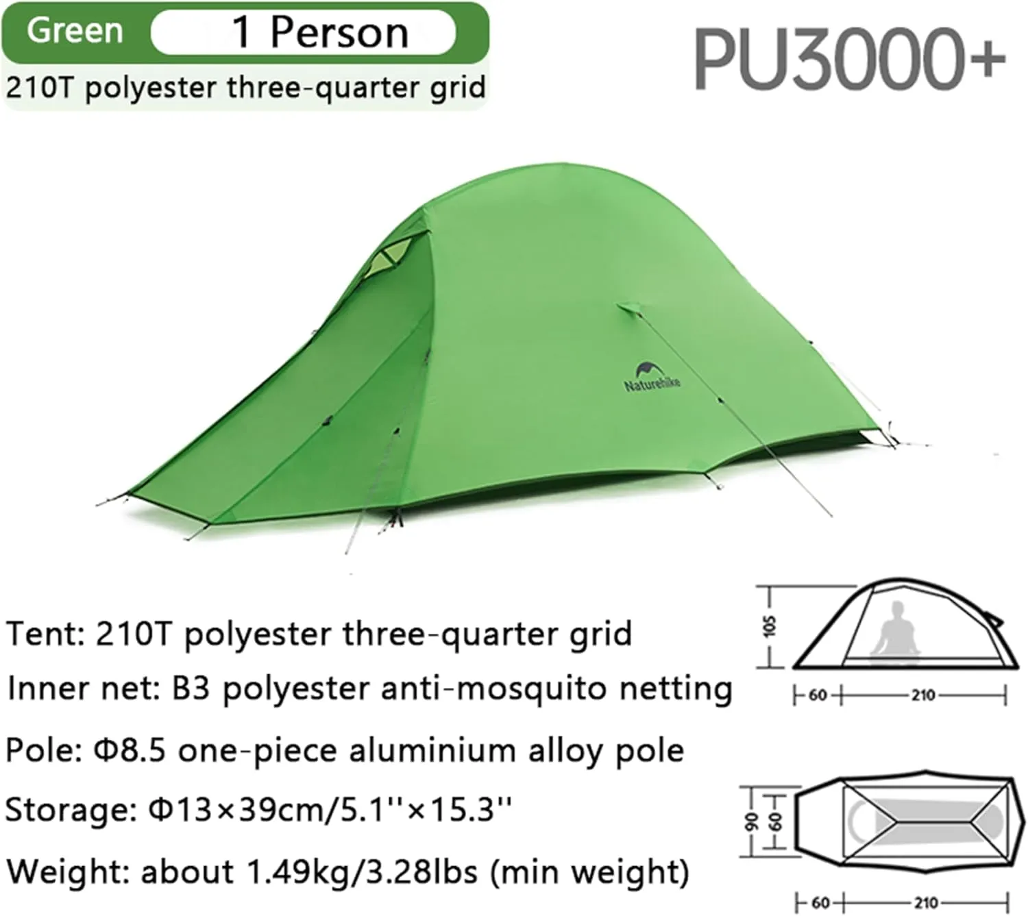 Naturehike 1/2 Person 3 Seasons Cloud Up Base Tent, Windproof [7-Level] & Rainproof [PU3000mm ] Camp Tent with Y Self-Supporting Structure for Camping Backpacking Hiking Trekking