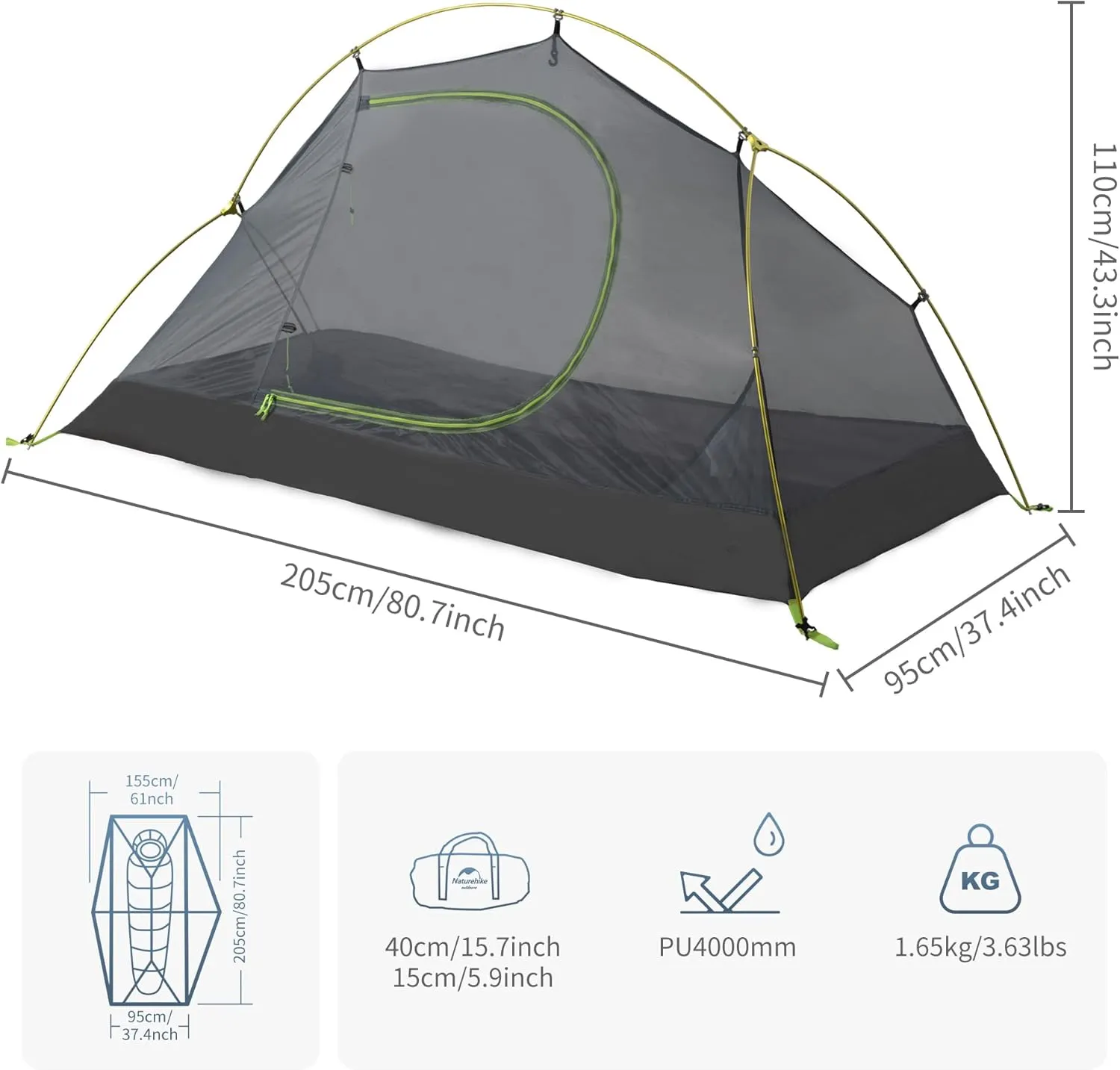 Naturehike Bikepacking 1 Person Tent, Waterproof Easy Set up Free Standing Single Person Tent, Lightweight Backpacking Tent for 1 Person, One Person Tent with Footprint Included