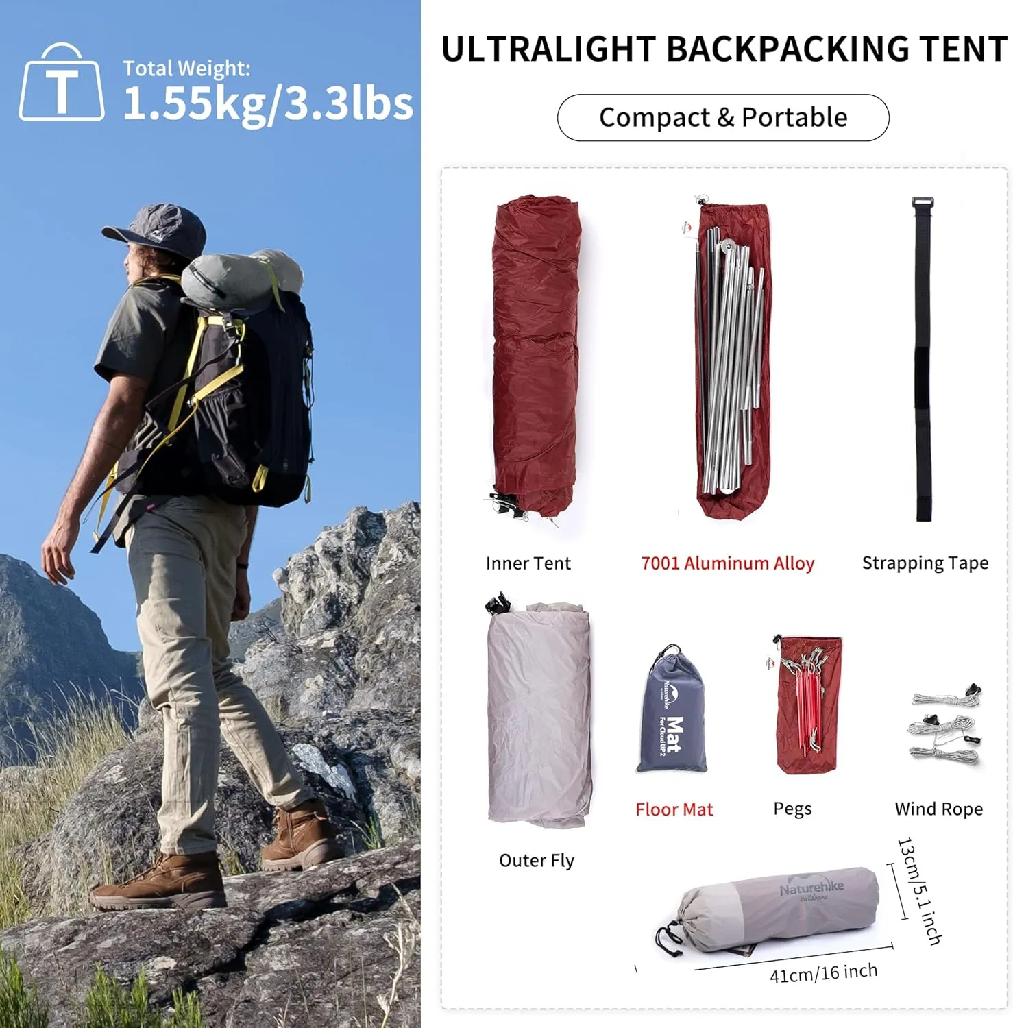 Naturehike Cloud-Up 1 Person Tent, Lightweight Backpacking Tents for One Man, Waterproof Ultralight One Person Tent for Camping Hiking Backpacking