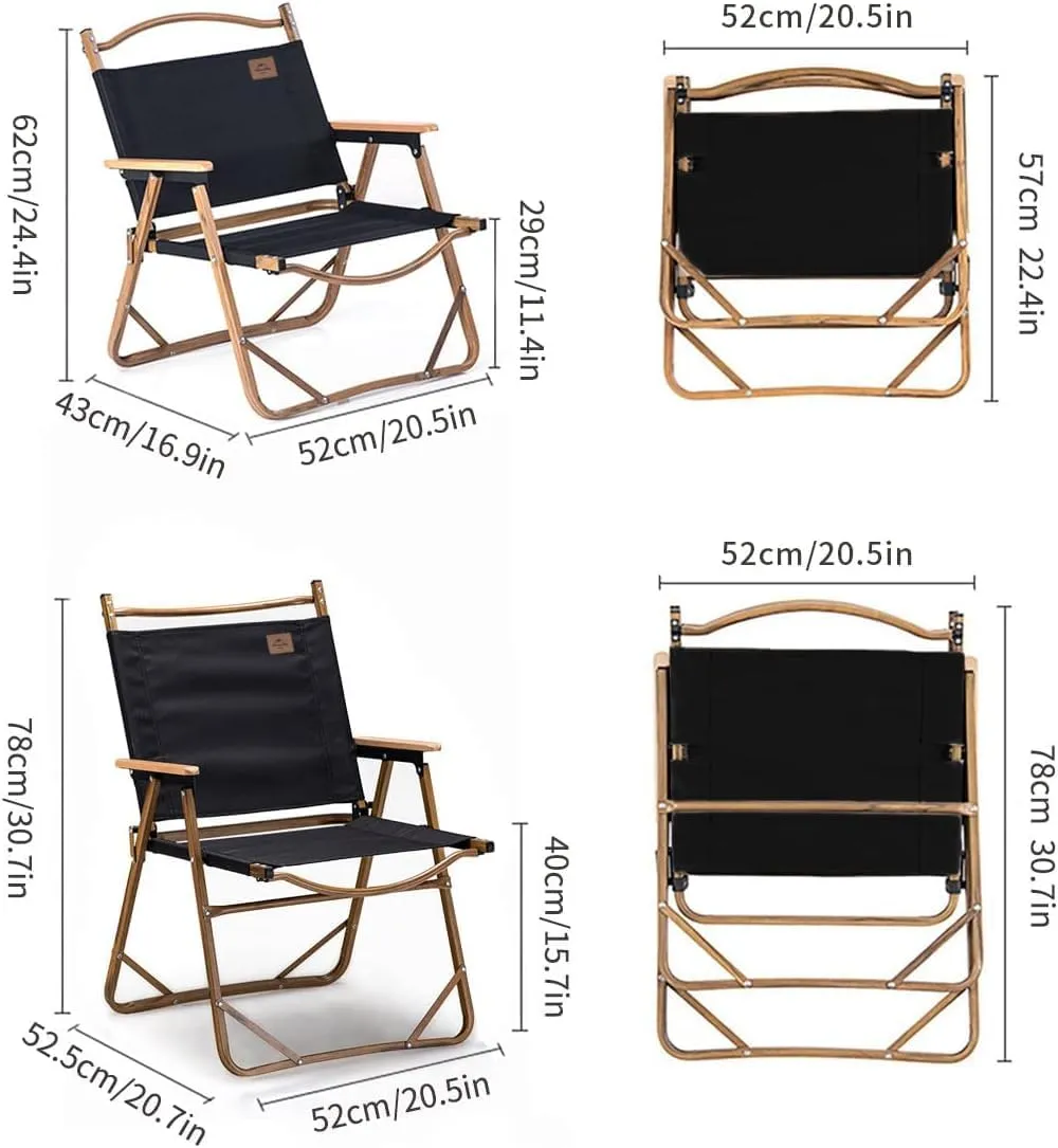 Naturehike Folding Camping Chair, Kermit Beach Chair Camping, Aluminum Outdoor Beach Chair with Solid Wood Armrest, Portable Collapsible Fishing Chair for Hiking Lawn Picnic, Black, Supports 330 Lbs