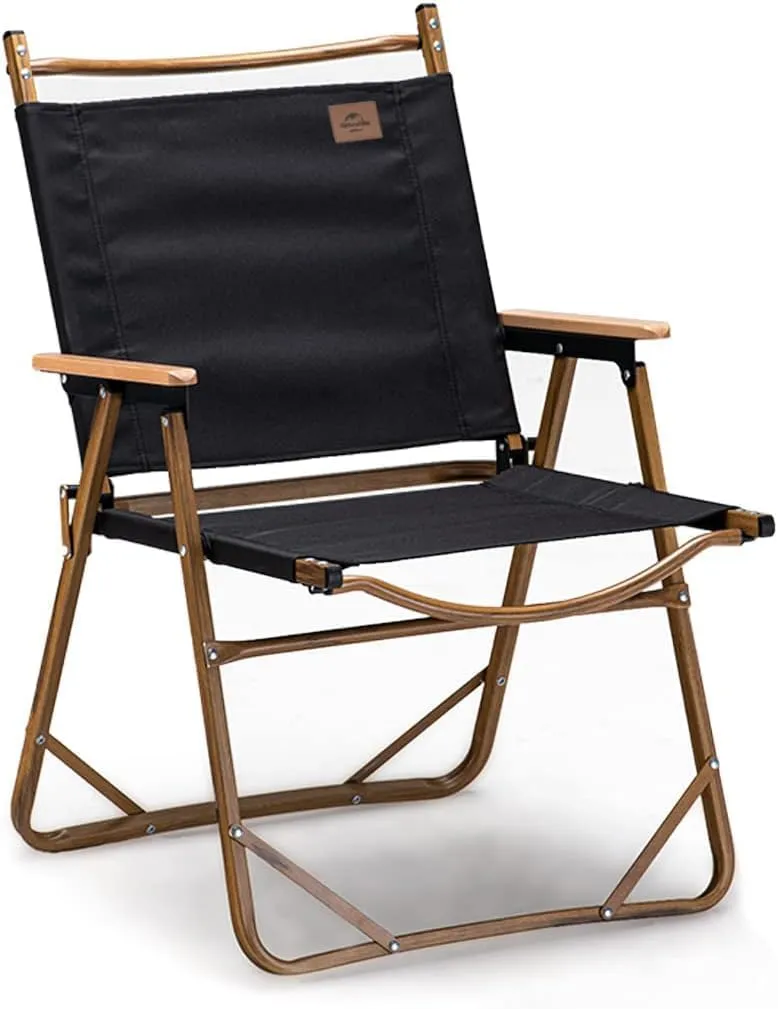 Naturehike Folding Camping Chair, Kermit Beach Chair Camping, Aluminum Outdoor Beach Chair with Solid Wood Armrest, Portable Collapsible Fishing Chair for Hiking Lawn Picnic, Black, Supports 330 Lbs