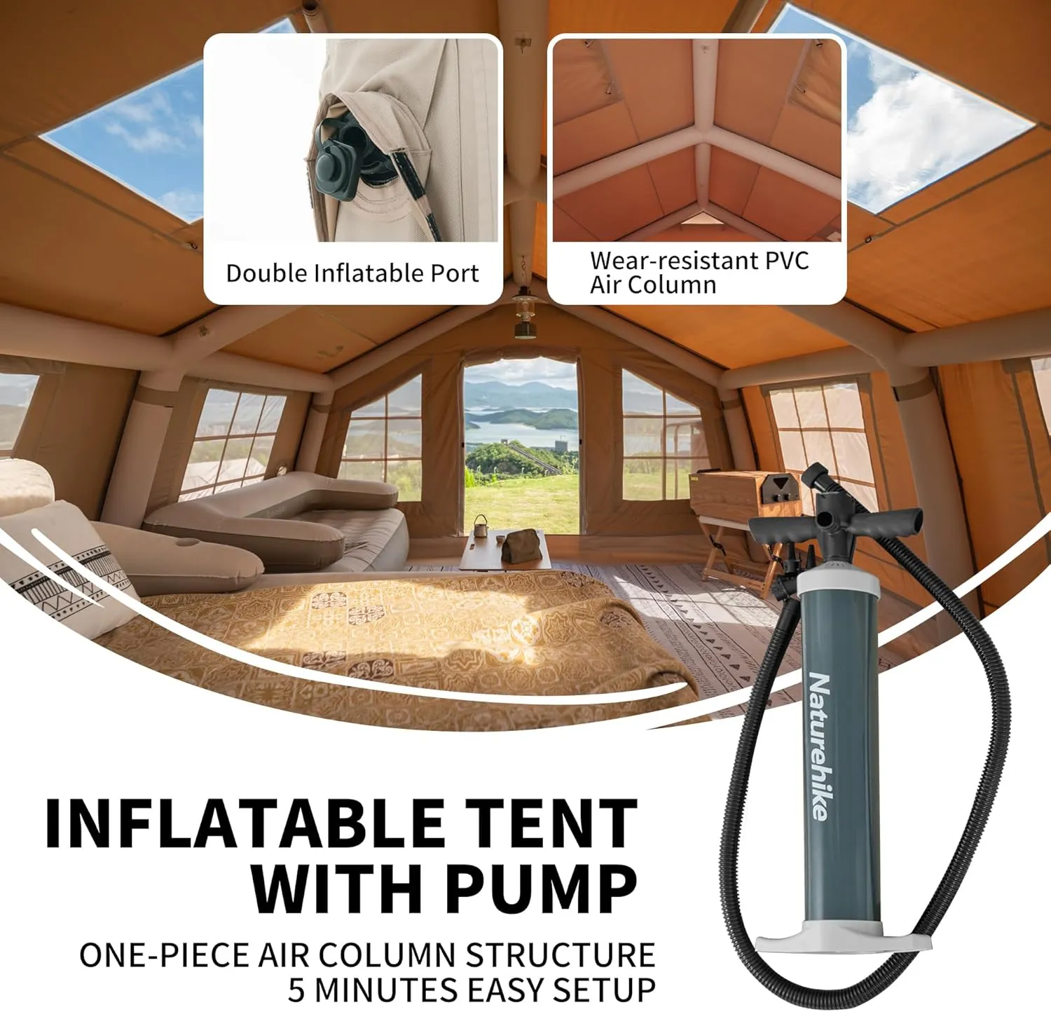 Naturehike Inflatable Tent, 4-8 Person Air Tent, 4 Season Inflatable Tents for Camping, Waterproof Windproof Inflatable House Tent for Adults, Easy Set up Inflatable Camping Tent
