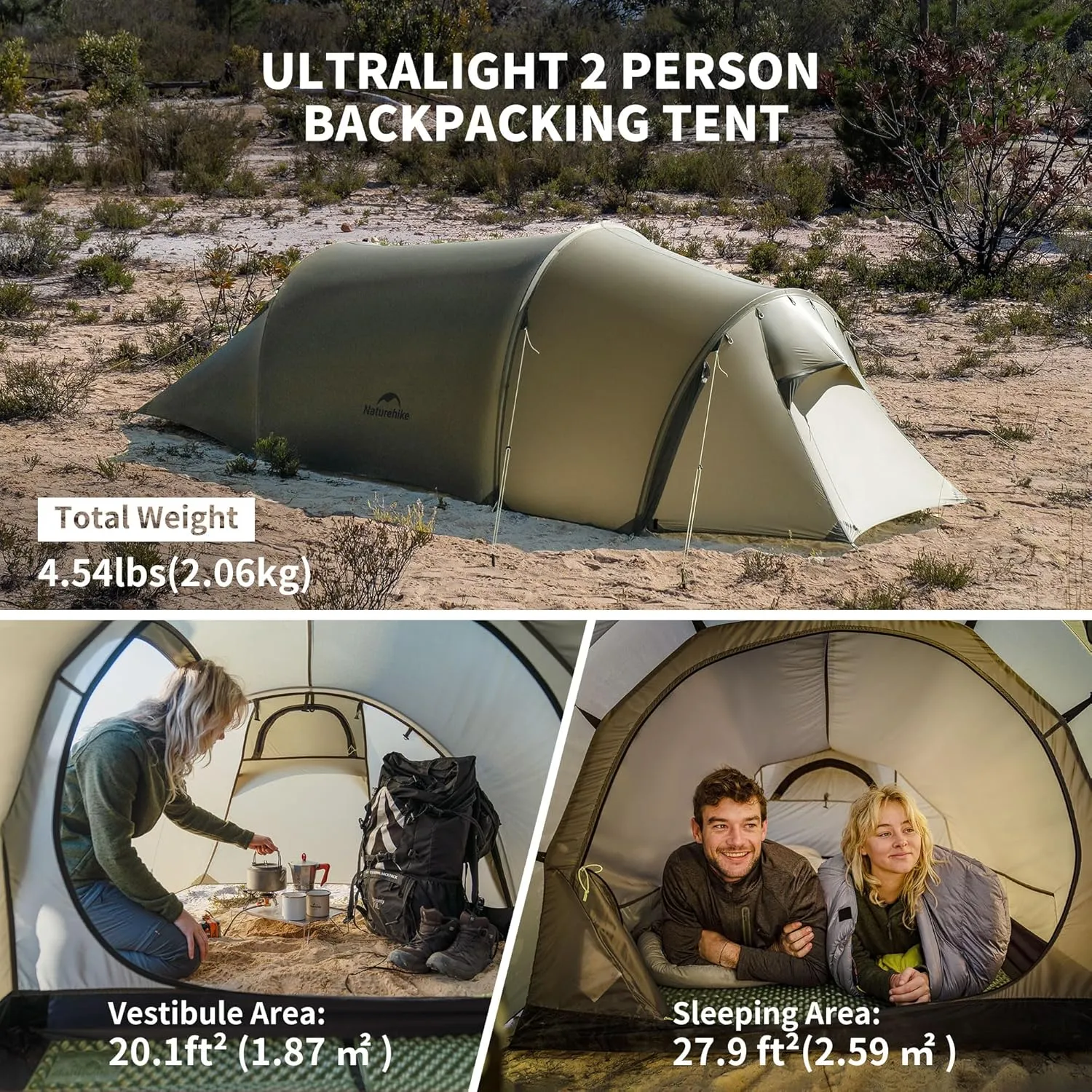 Naturehike Opalus 2/3 Person Tunnel Tent, Lightweight Backpacking Tent with Vestibule, Double Wall 4 Season Tents for Camping