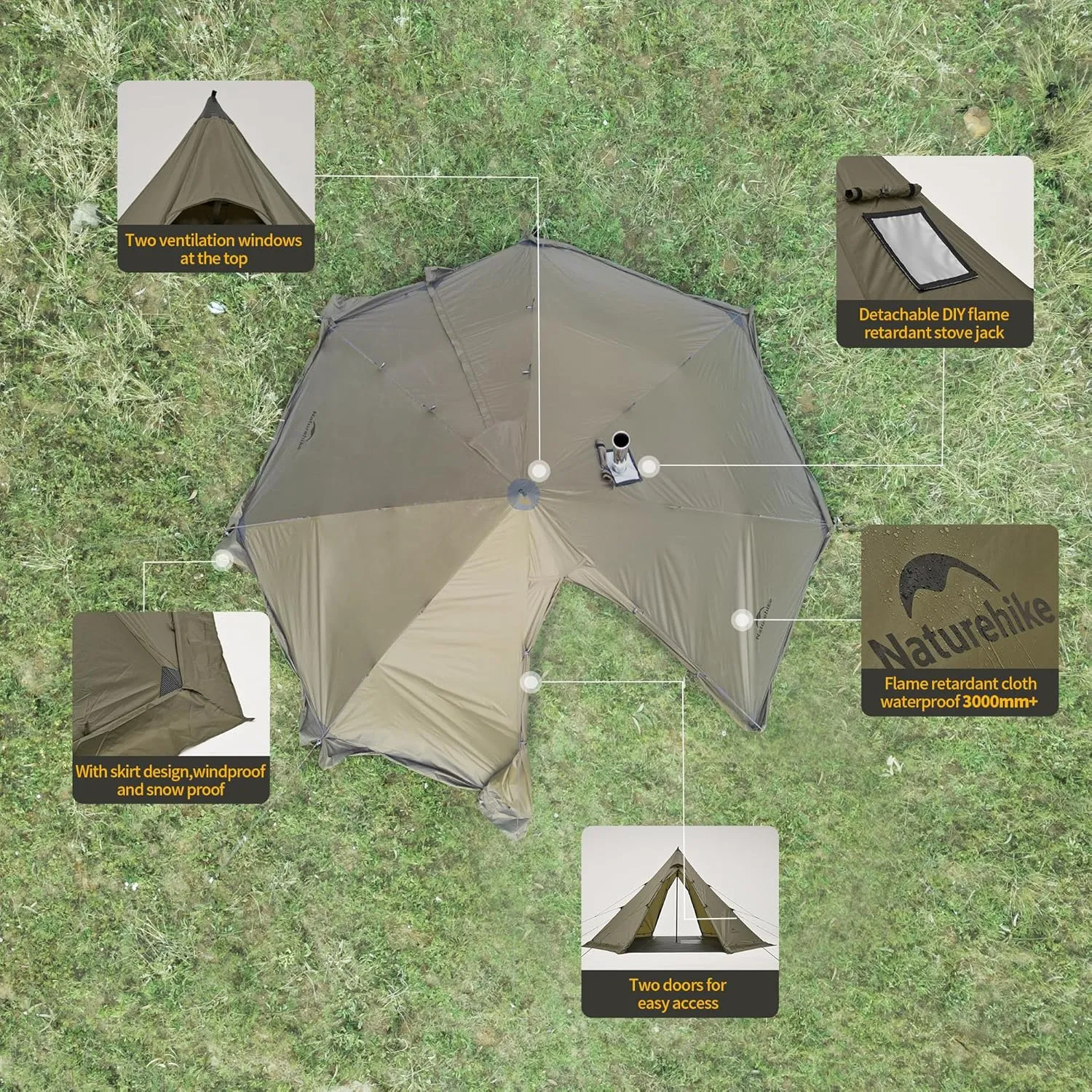 Naturehike Ranch Fire Teepee Tent with Stove Jack, 4-6 Person Waterproof Windproof 4 Season Tent for Cold Weather Camping