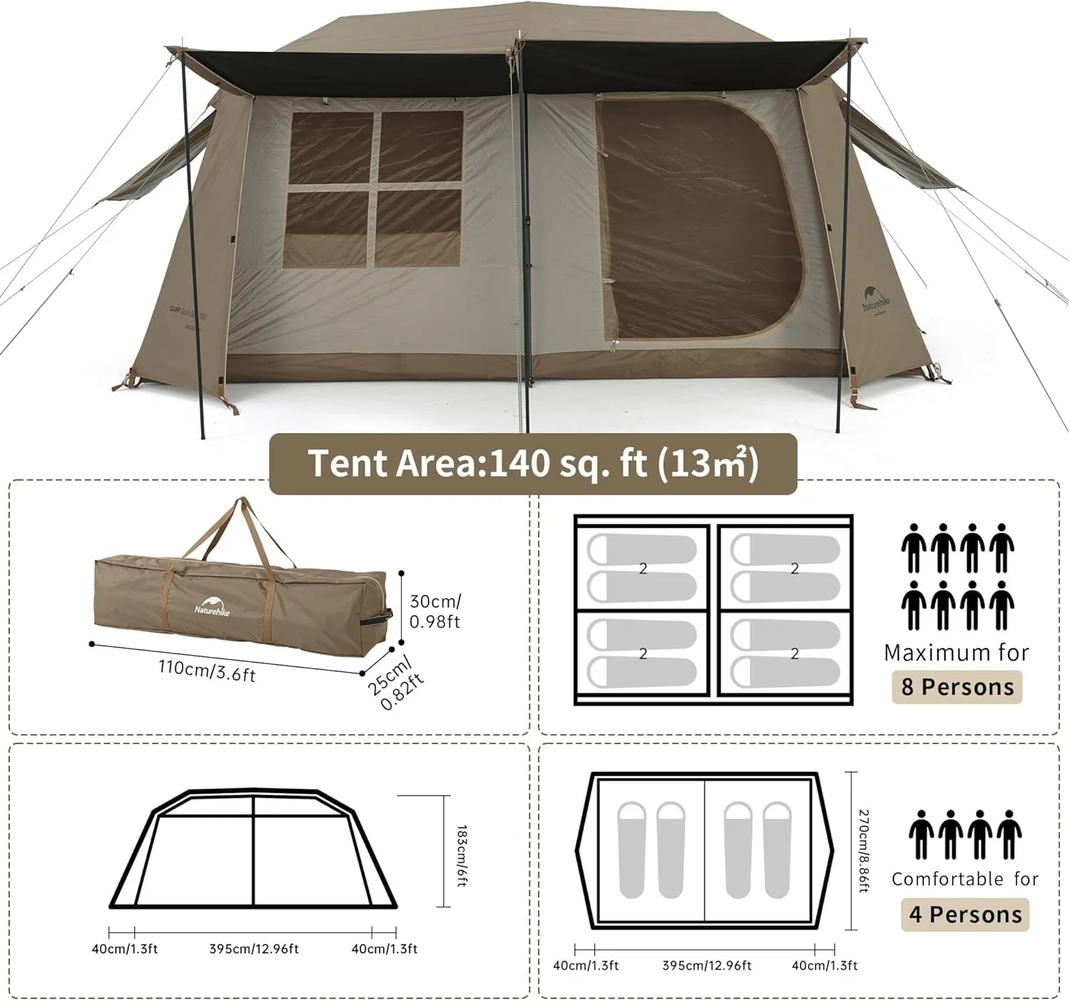 Naturehike Village Camping Tent,4/6/8 Person Tents for Camping, 60S Easy Setup Instant Tent for Family Camping, Car Camping