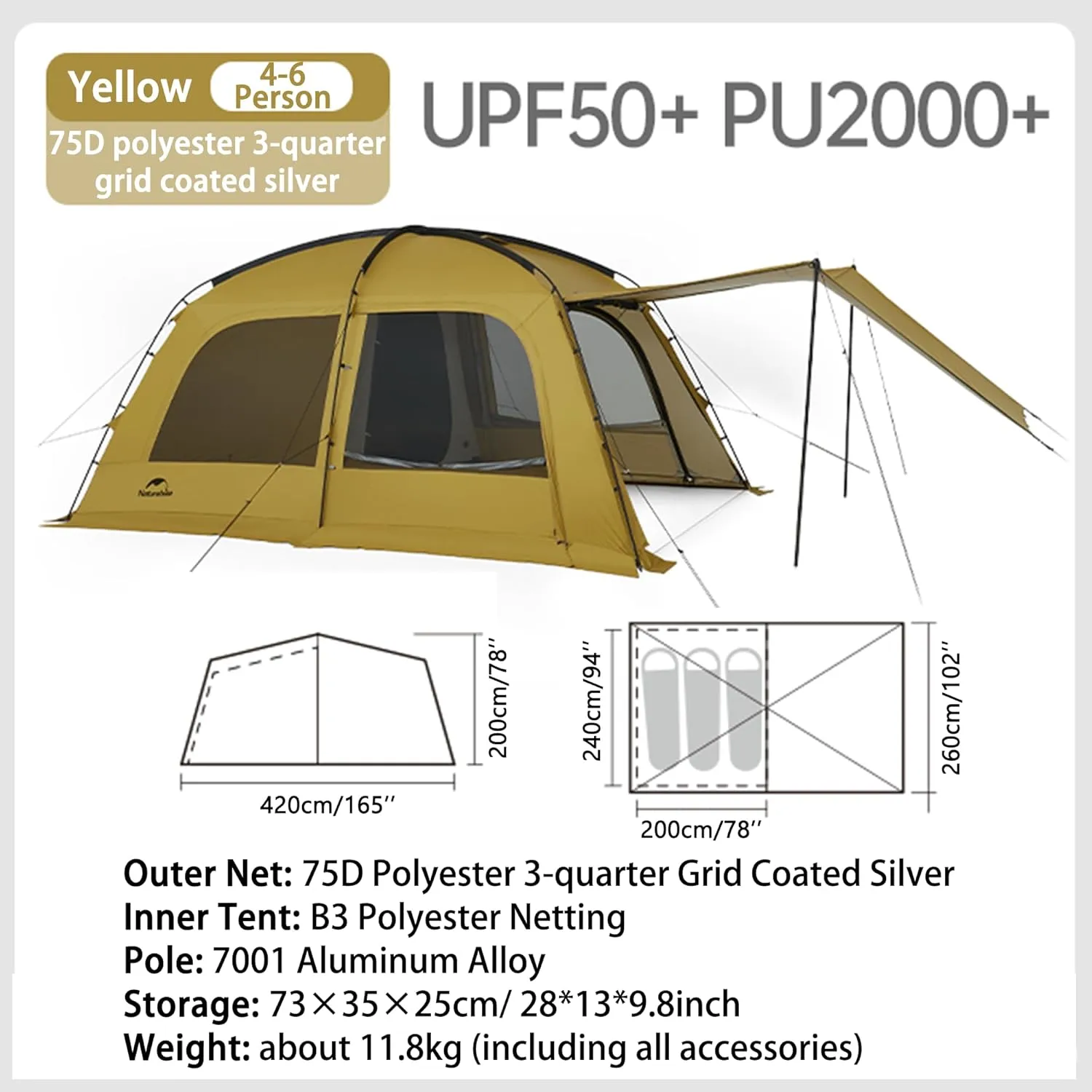 Naturehike7.6 Double Person 4-Seasons Camping Tent, UPF50  Sun Protection Tent with 7001 Aluminum Alloy Poles, PU2000mm  Waterproof Tent for Outdoor Camping,Picnic