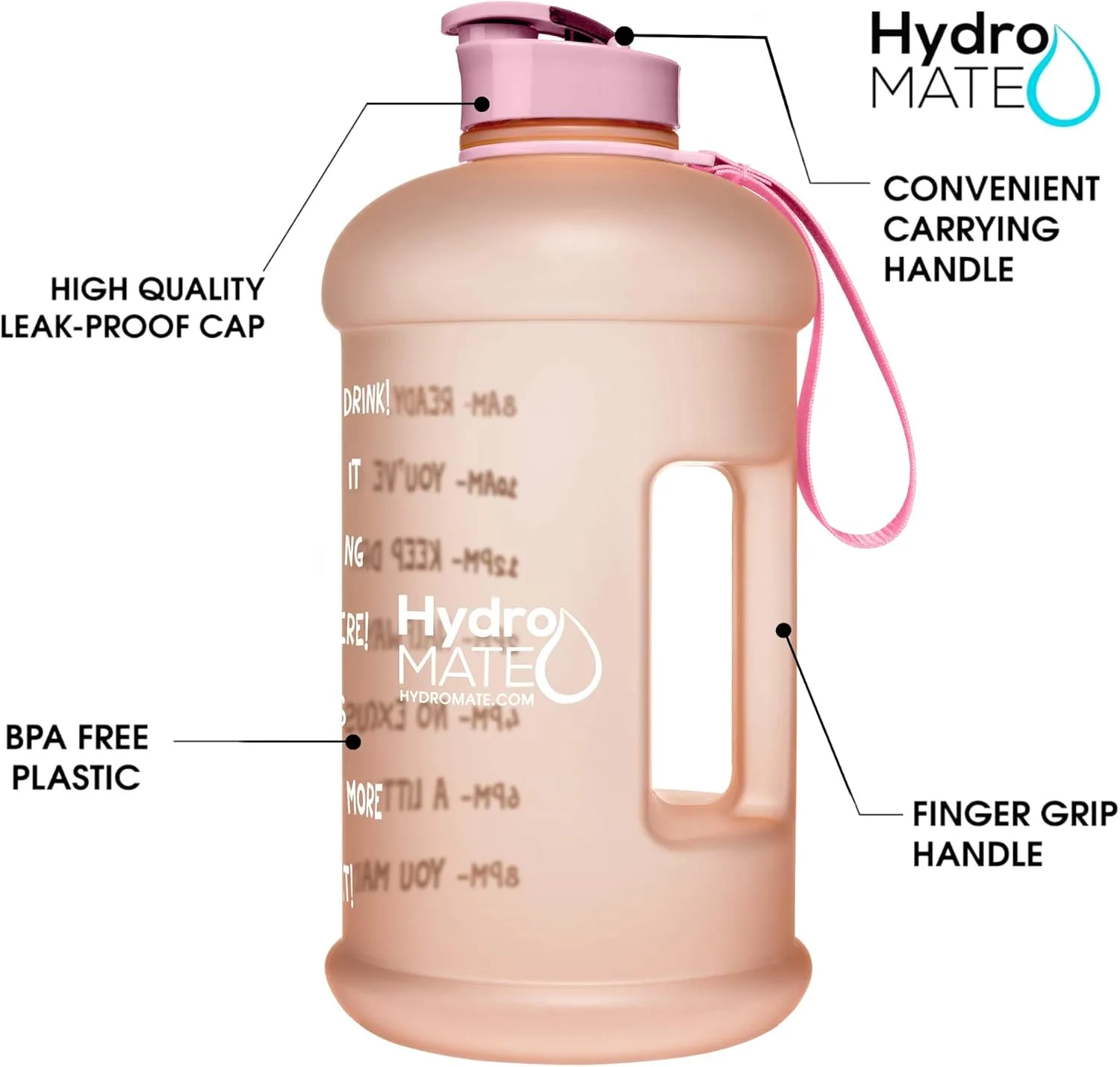 NatureWorks HydroMATE Half Gallon Water Bottle with Times to Drink BPA Free Leak Proof Reusable Jug with Handle 64 oz