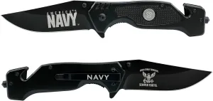 Navy Folding Elite Black Stealth Knife - USN Rescue Knife - Great Gift for the Sailor in your Life - Navy Knife Black