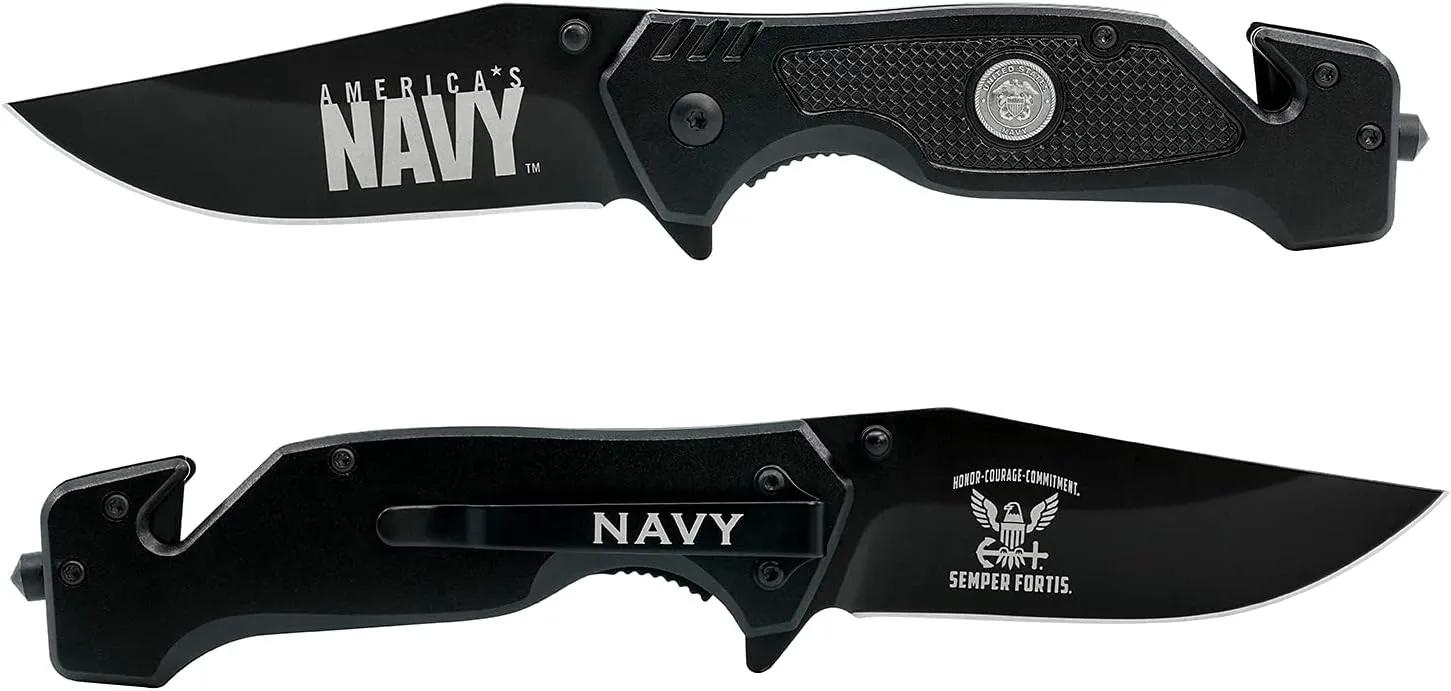 Navy Folding Elite Black Stealth Knife - USN Rescue Knife - Great Gift for the Sailor in your Life - Navy Knife Black
