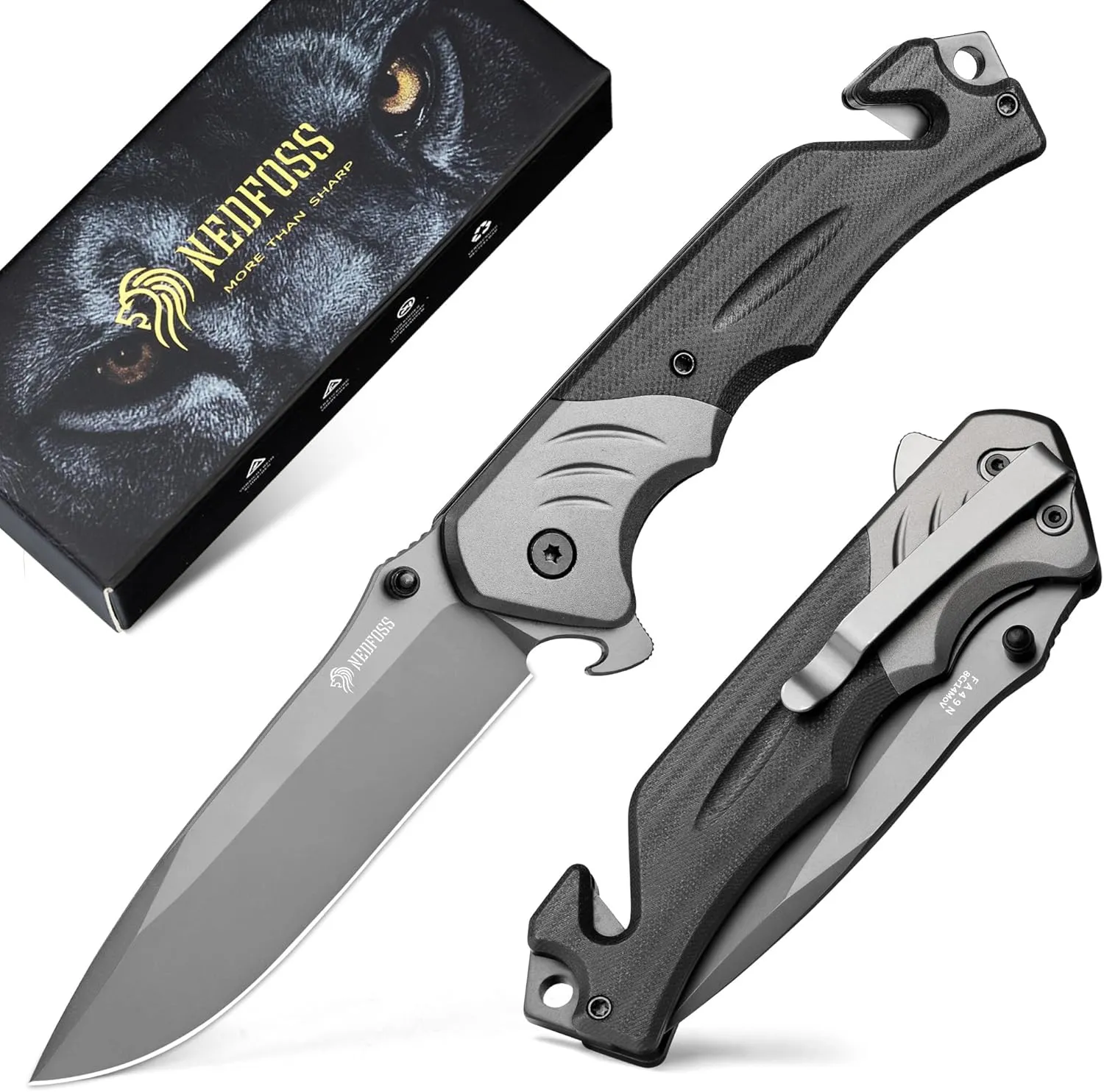NedFoss FA49N Pro EDC Pocket Knife for Men, 4-in-1 Tactical Multitool Folding Knife with Glass Breaker, Seat Belt Cutter & Bottle Opener, Work & Fishing Knives for Outdoor Camping, Emergency Rescue