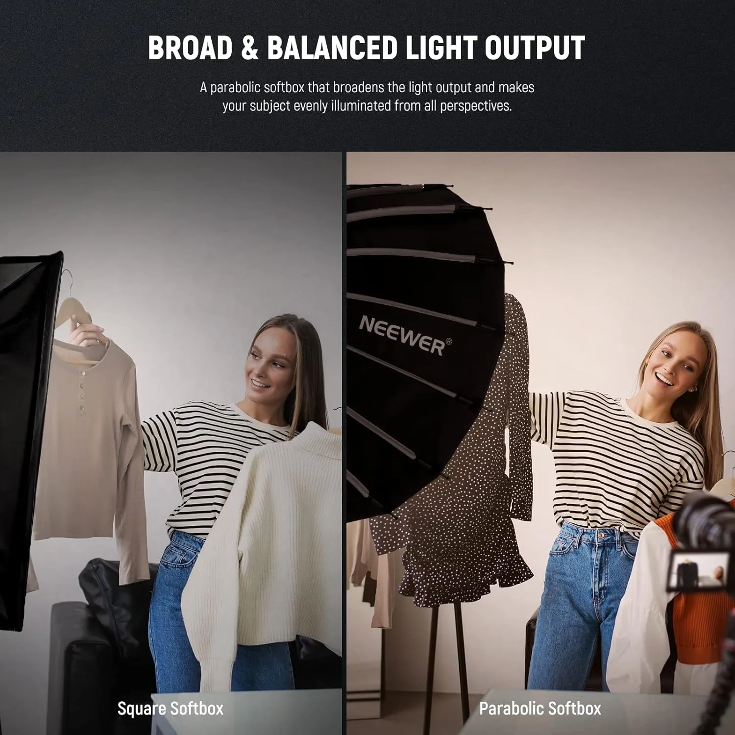 NEEWER 26inch/65cm Parabolic Softbox Quick Set up Quick Folding, with Diffusers/Honeycomb Grid/Bag, Compatible with Aputure 120d Light Dome Godox sl60w NEEWER RGB CB60 and Other Bowens Mount Lights