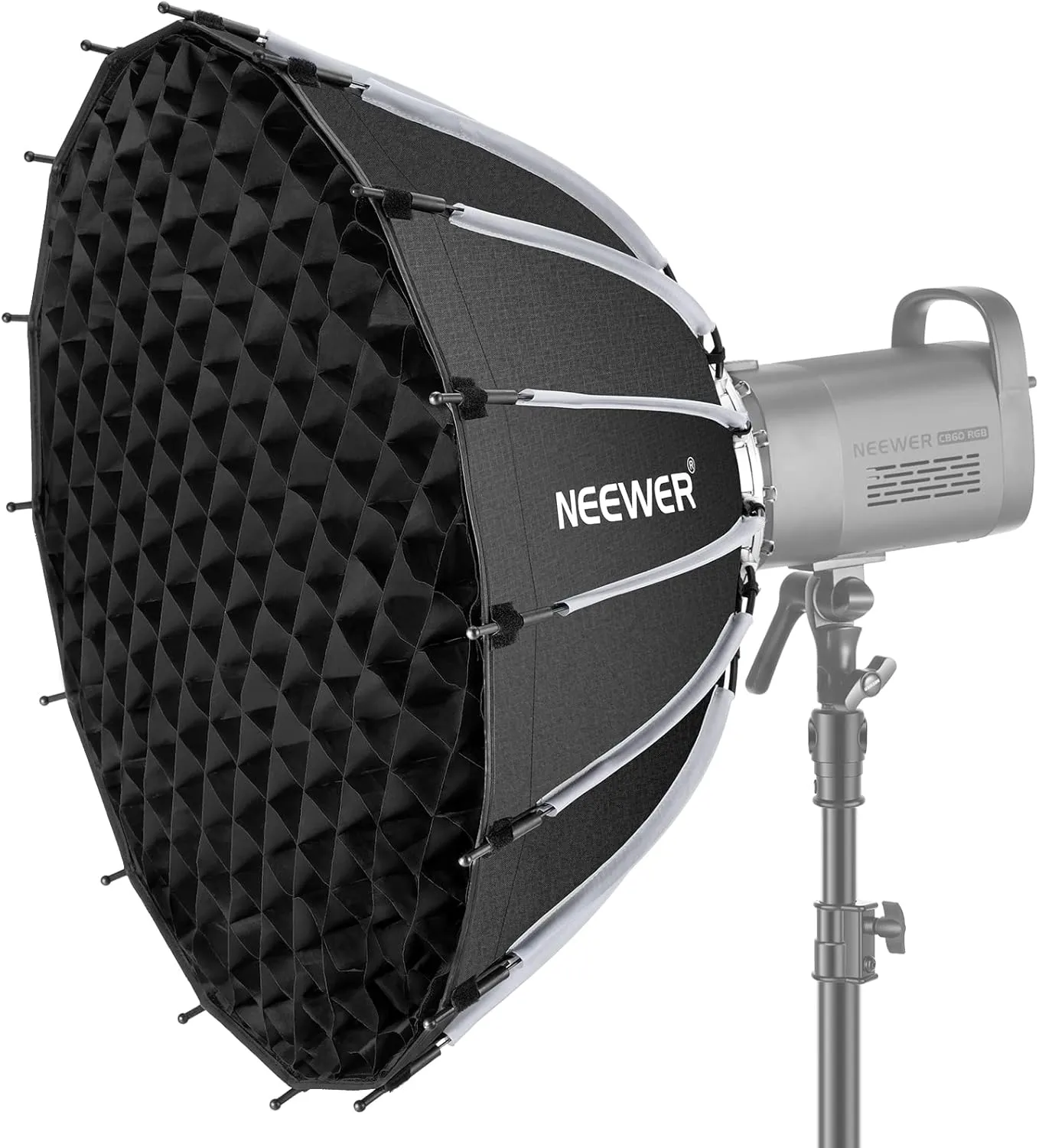 NEEWER 26inch/65cm Parabolic Softbox Quick Set up Quick Folding, with Diffusers/Honeycomb Grid/Bag, Compatible with Aputure 120d Light Dome Godox sl60w NEEWER RGB CB60 and Other Bowens Mount Lights