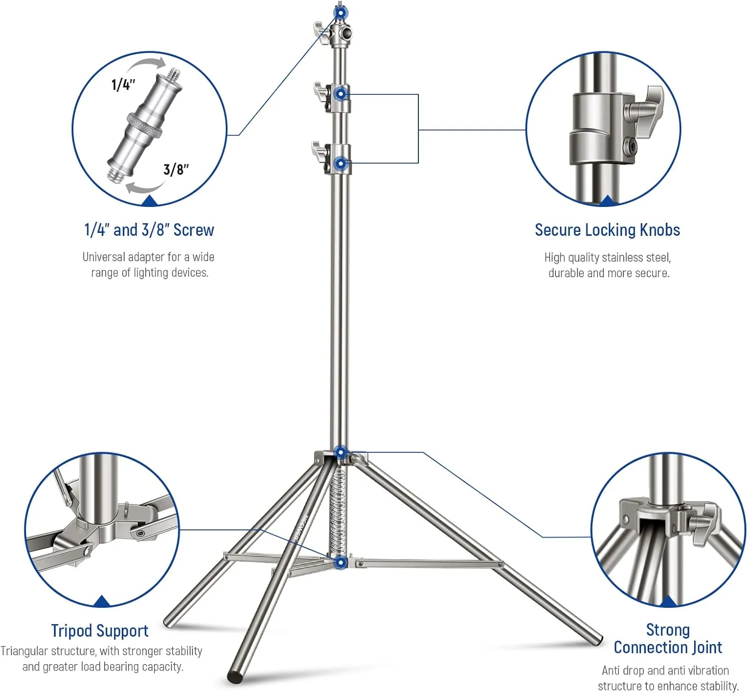 NEEWER 7.2ft/2.2m Stainless Steel Light Stand, Spring Cushioned Heavy Duty Photography Tripod Stand with 1/4” to 3/8” Screw Adapter for Strobe,LED Video Light,Ring Light, Monolight, Softbox