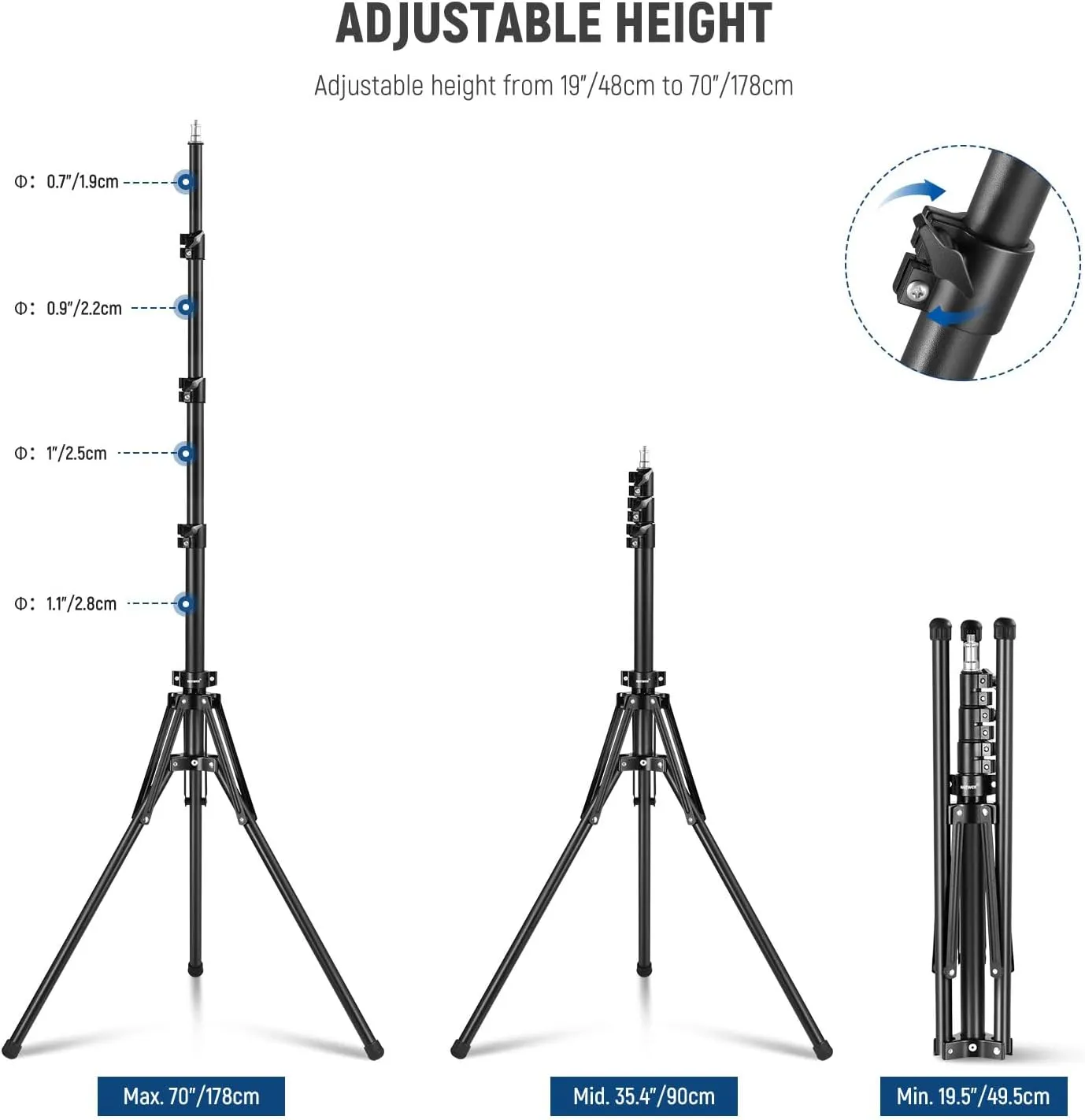 NEEWER Light Stand All Metal with 180° Reversible Legs, 70"/178cm Portable Travel Tripod Stand 1/4" Screw & 5/8" Stud for Indoor Outdoor Photography Speedlite Strobe Ring Light Softbox, ST178R, Black