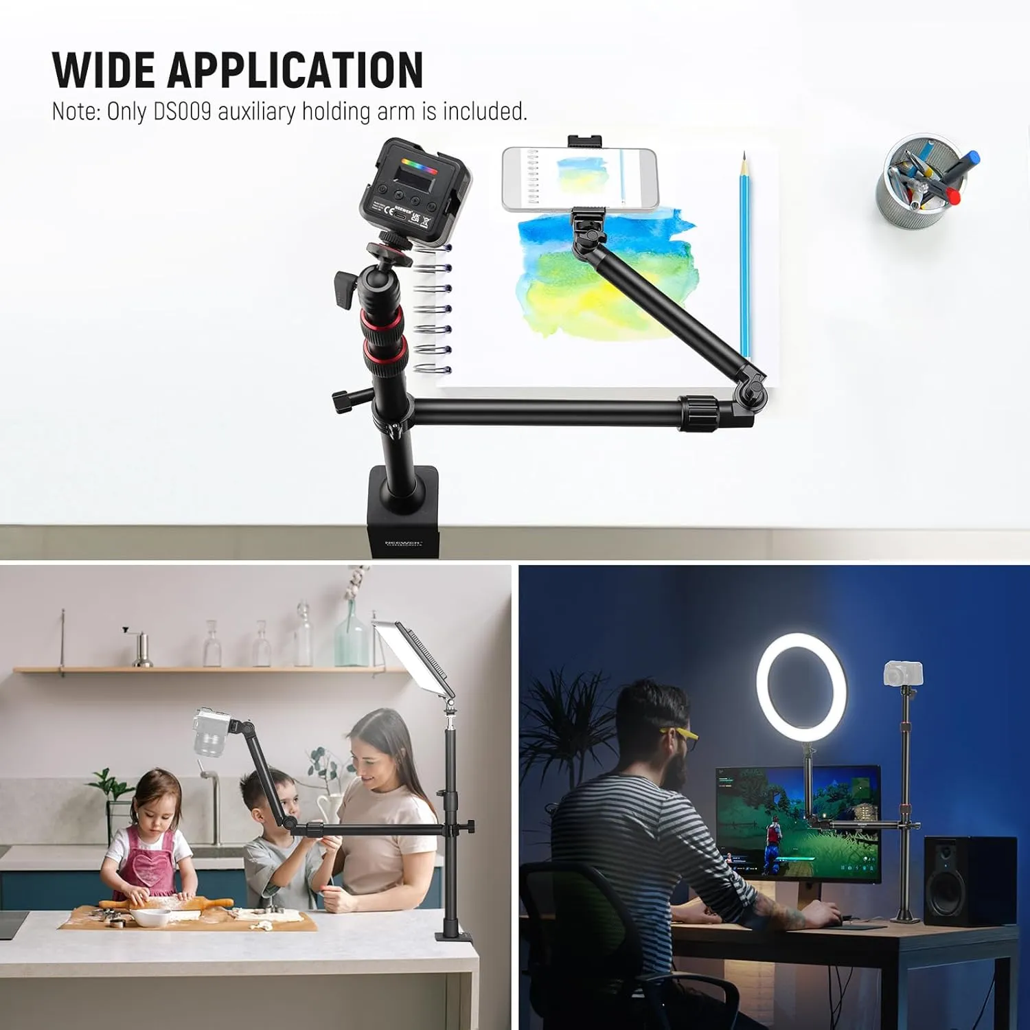 NEEWER Overhead Camera Mount Arm with Phone Clip, 22"/56cm 180°&360° 2 Section Flexible Holding Arm for Desk Stand, Fits 0.87"-1.1" Tube, 5.5lb/2.5kg Max Load for Camera LED Ring Light Mic, DS009