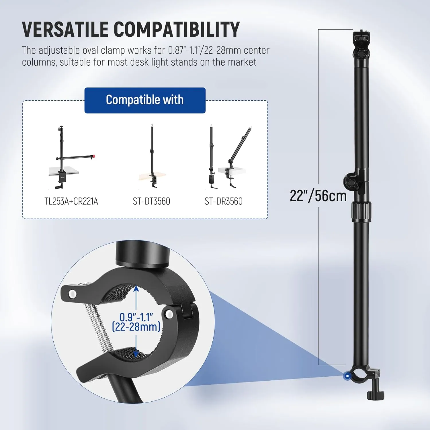 NEEWER Overhead Camera Mount Arm with Phone Clip, 22"/56cm 180°&360° 2 Section Flexible Holding Arm for Desk Stand, Fits 0.87"-1.1" Tube, 5.5lb/2.5kg Max Load for Camera LED Ring Light Mic, DS009