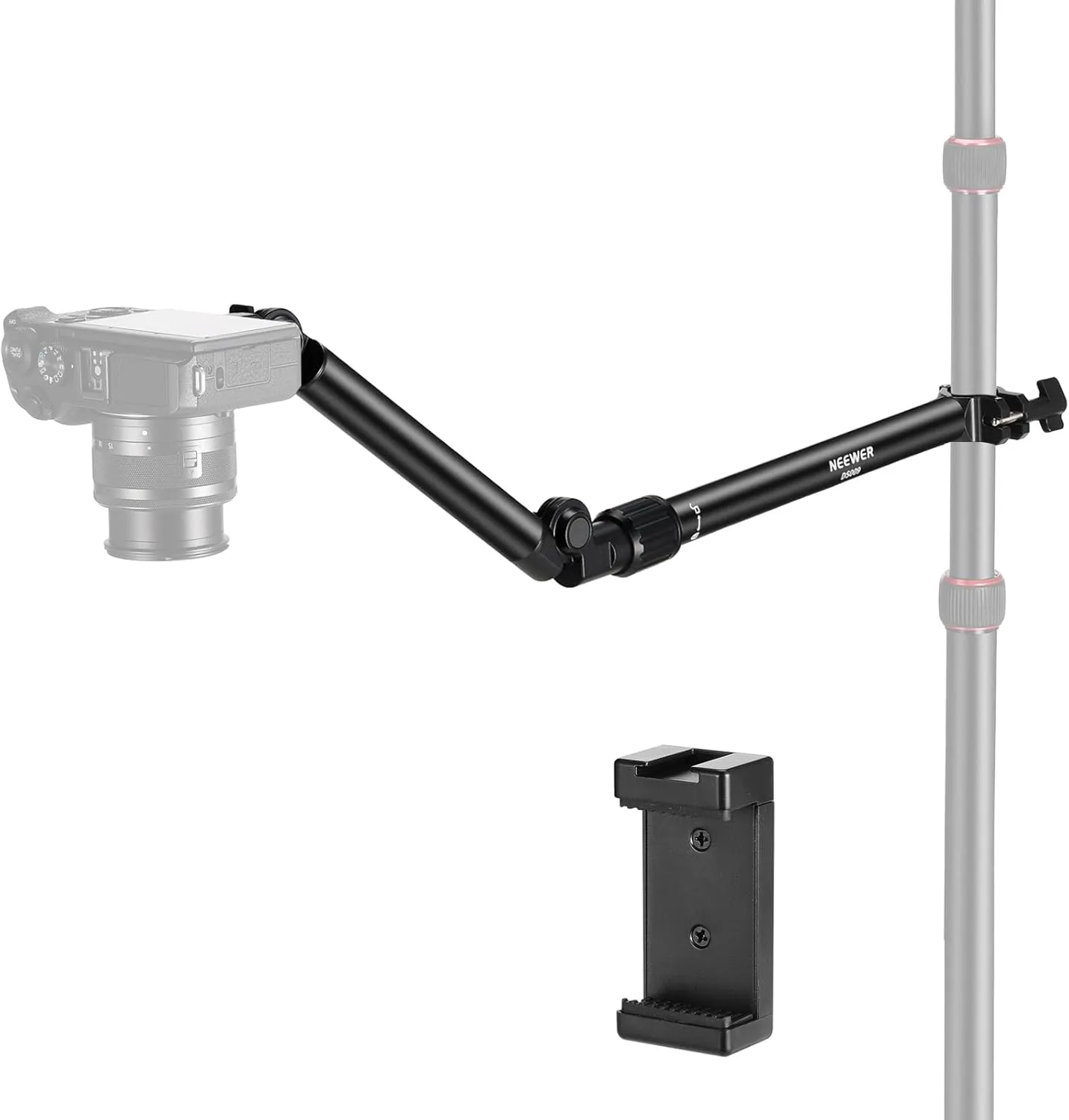 NEEWER Overhead Camera Mount Arm with Phone Clip, 22"/56cm 180°&360° 2 Section Flexible Holding Arm for Desk Stand, Fits 0.87"-1.1" Tube, 5.5lb/2.5kg Max Load for Camera LED Ring Light Mic, DS009