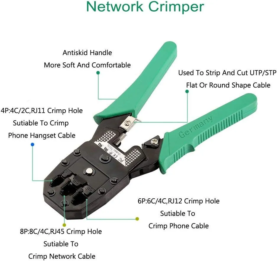 Network Tool Kit Professional Network Maintenance LAN Cable Tester, RJ45 Crimper 9 in 1 Repair Tools RJ45 Crimp Tool, 8P8C RJ45 Connectors, Cable Tester, Screwdriver, Stripping Pliers