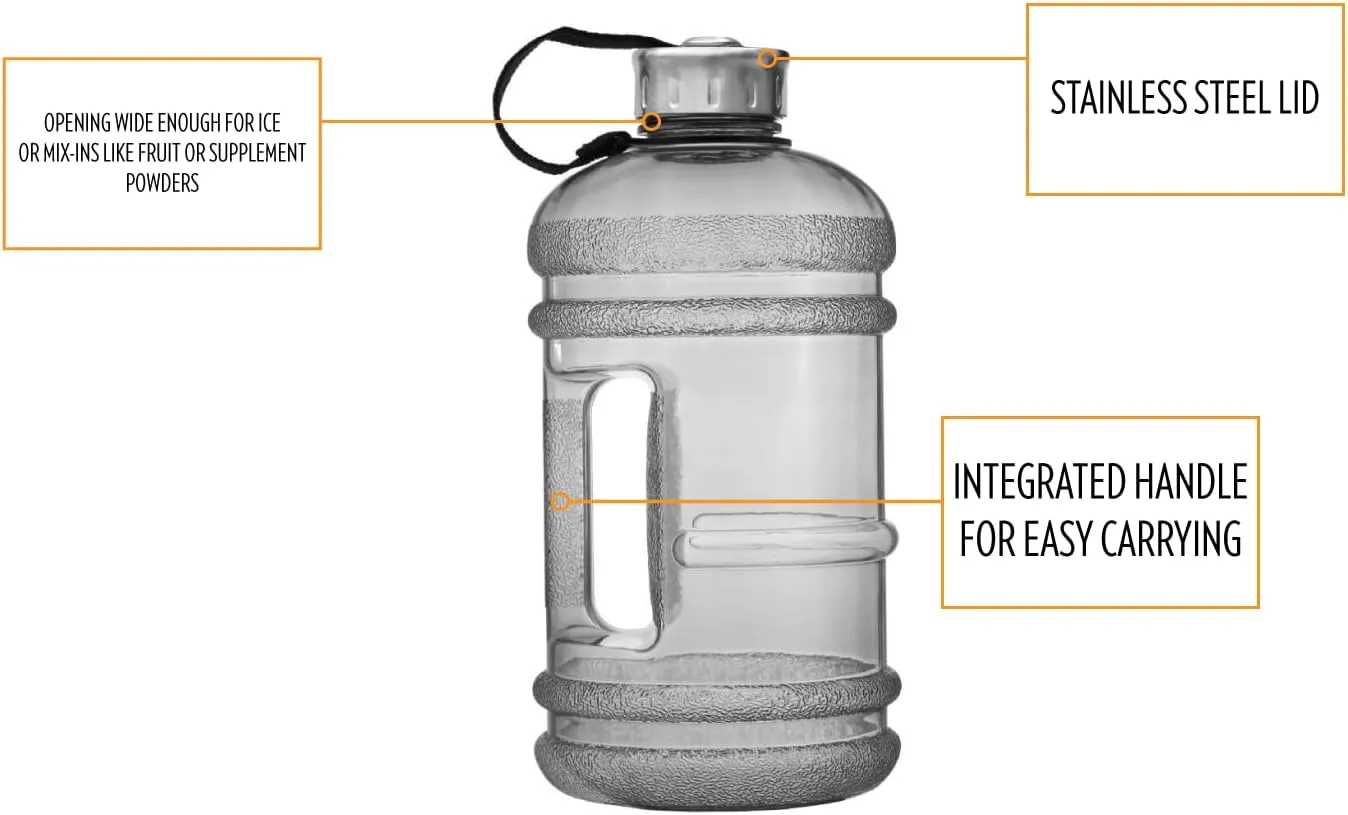 New Wave Enviro Iconic 2.2 Liter BPA Free Water Bottle with Stainless Steel Cap, Integrated Handle for Easy Carrying, Gym and Lifestyle Bottle, 2.2L Capacity, Charcoal