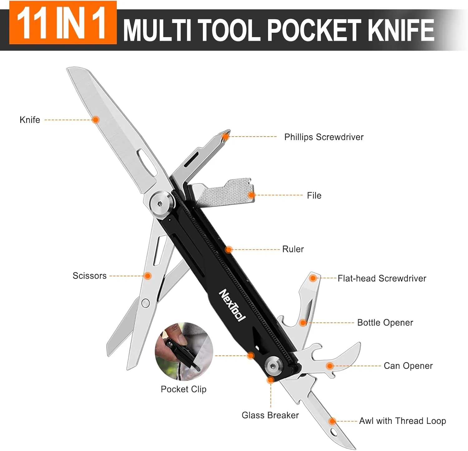 NexTool Multi Tool Pocket Knife, Folding Multitool Knife with Scissors, Screwdriver, Bottle Opener, 11 in 1 Multi-Tool One Hand Accessible with Safety Lokcing for Camping/Emergencies/EDC (Knight)