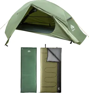 Night Cat 1-Person Camping Tent with Self-Inflating Sleeping Pad and Camping Sleeping Bag Lightweight Waterproof Hiking Tent for Adult