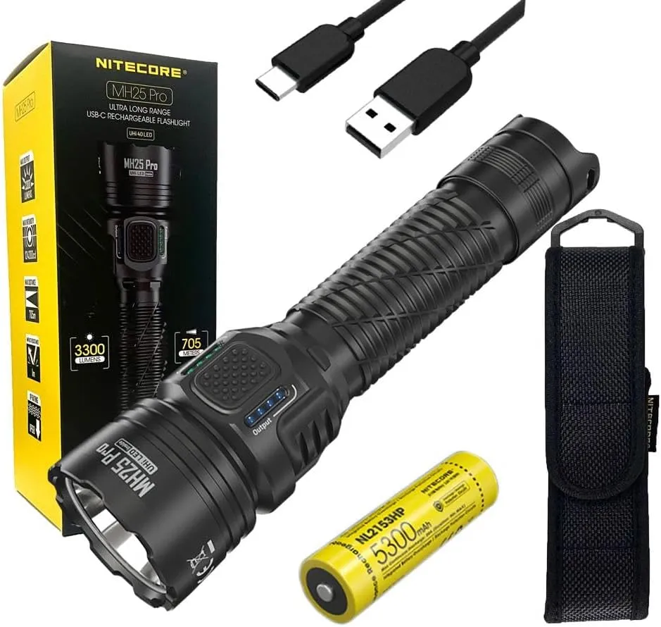 Nitecore MH25 PRO Long Throw Rechargeable Flashlight -3300 lumens, 771 Yard w/Eco-Sensa USB C Rechargeable Cable