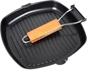 Non-stick Grill Pan with Folding Handle for Meat, Fish and Vegetables For All Heat Sources 24cm/9.4IN for Stove Tops, Induction, Black