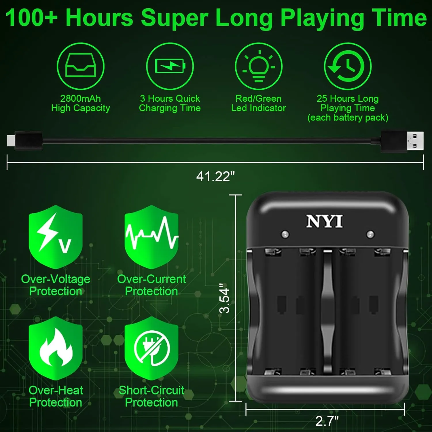 NYI 6720mWh Rechargeable Battery Kit for Xbox Series S/X and One S/X/Elite - 4X High Power NI-MH Batteries With Fast Charging Charger