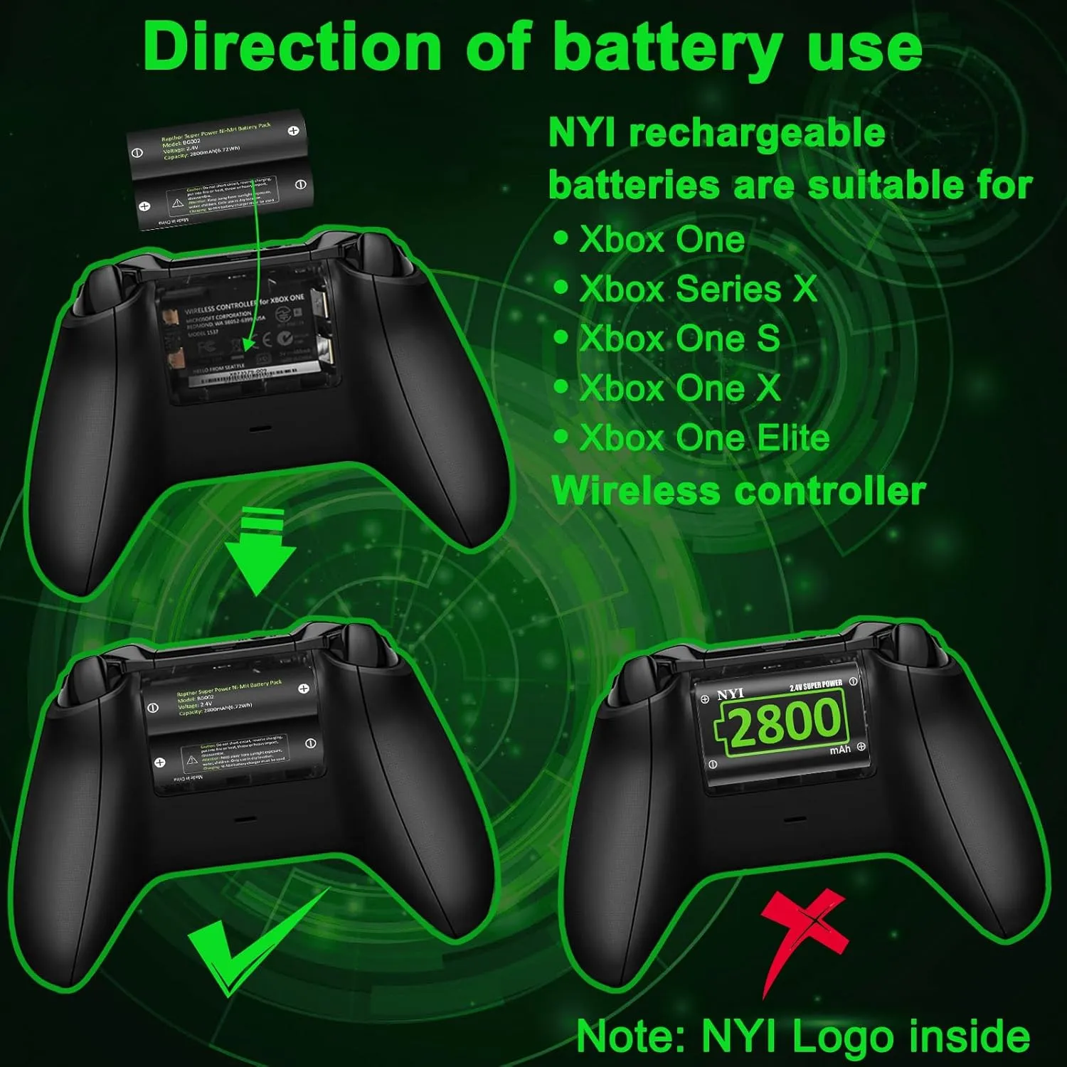 NYI 6720mWh Rechargeable Battery Kit for Xbox Series S/X and One S/X/Elite - 4X High Power NI-MH Batteries With Fast Charging Charger